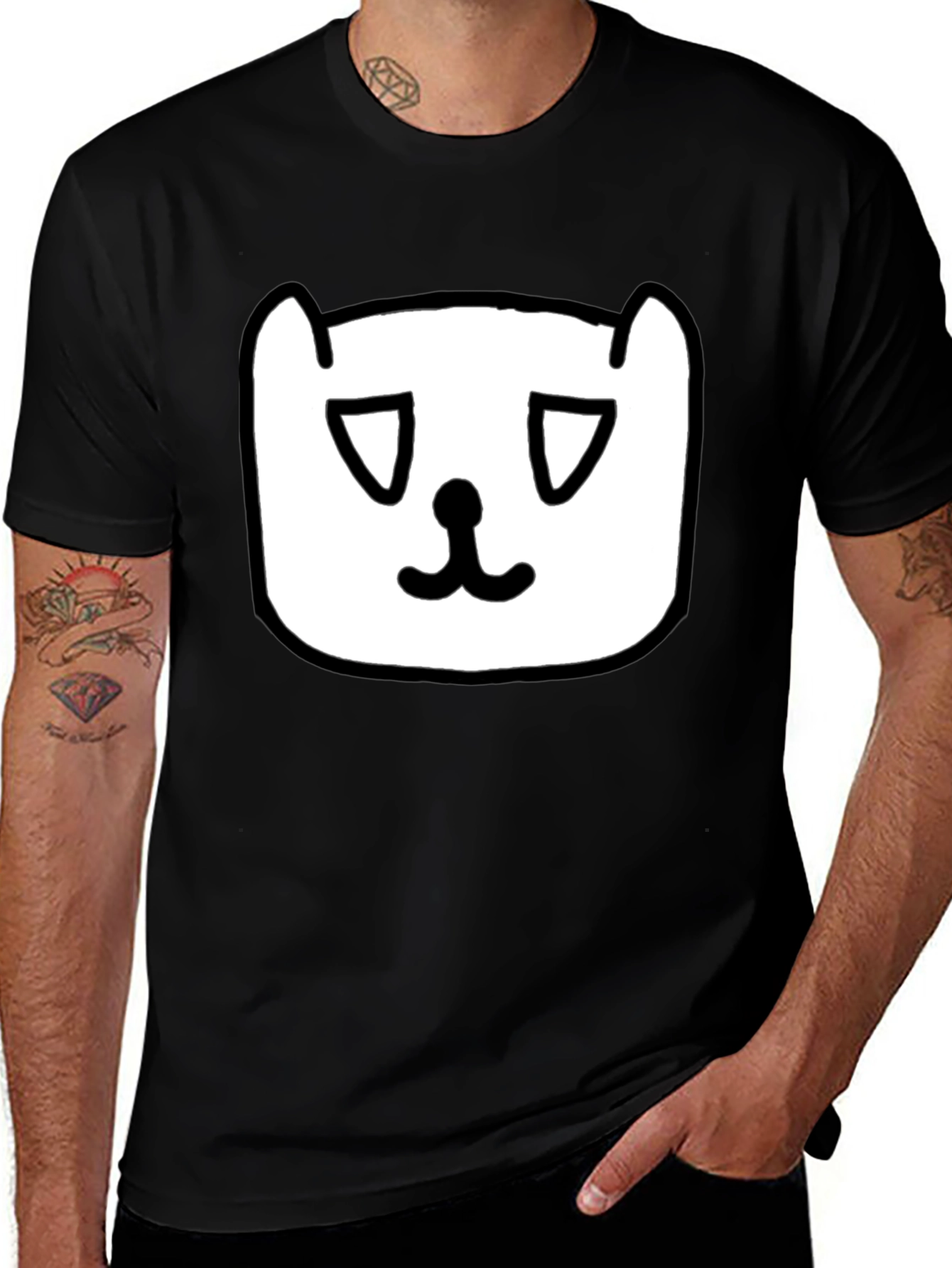 Sad Cat Face Graphic Black T-Shirt