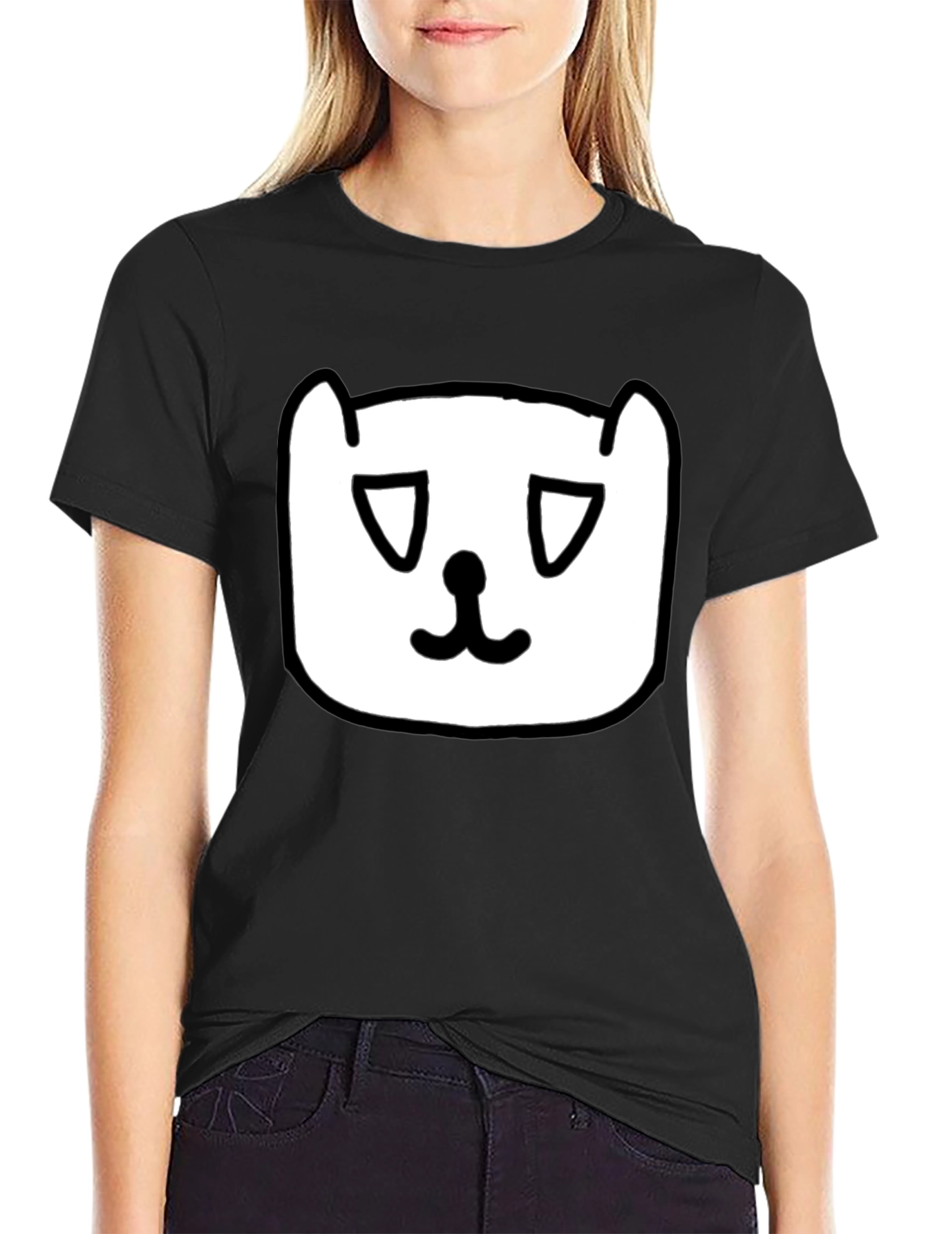 Sad Cat Face Graphic Black T-Shirt