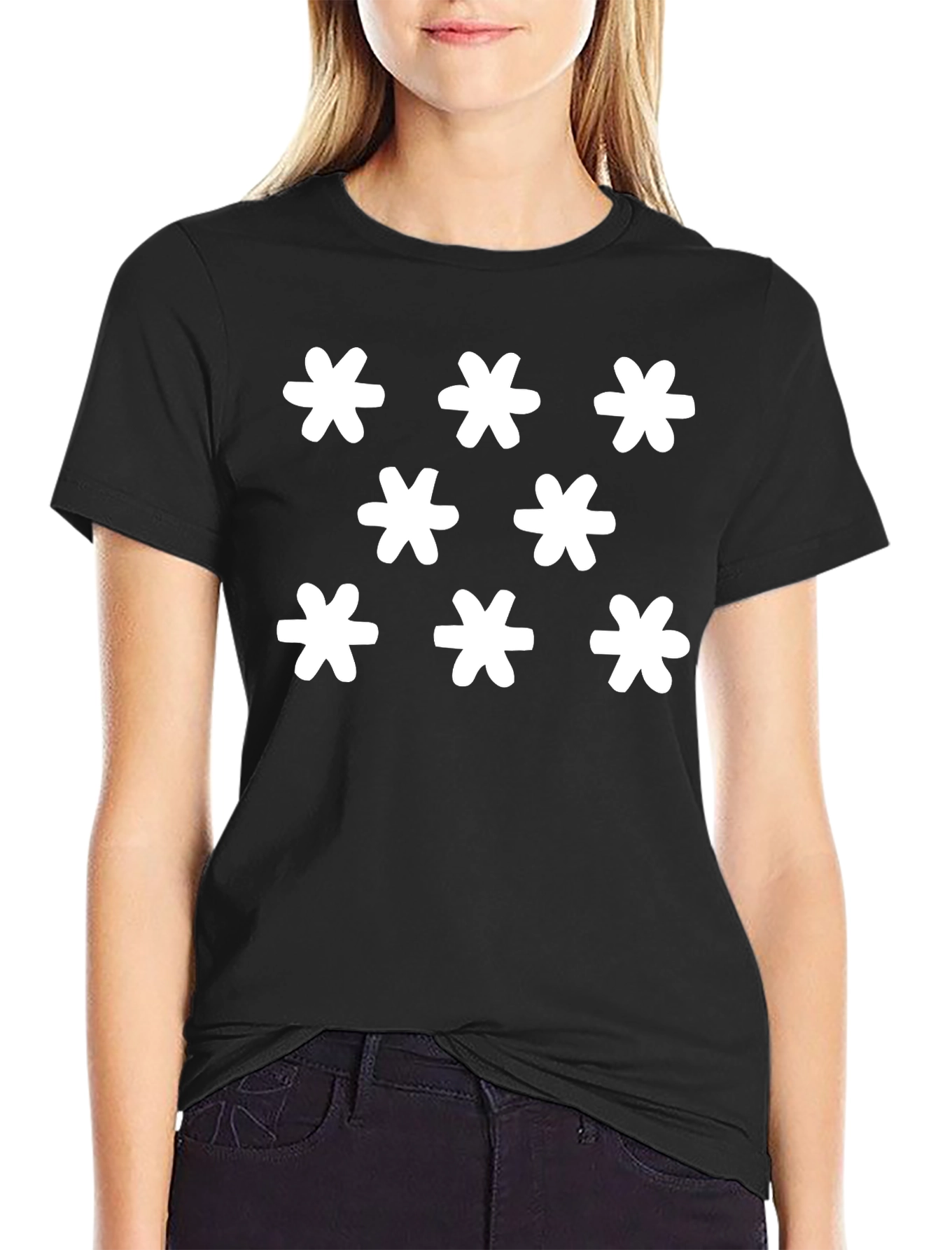 Black T-Shirt with Floral Star Pattern