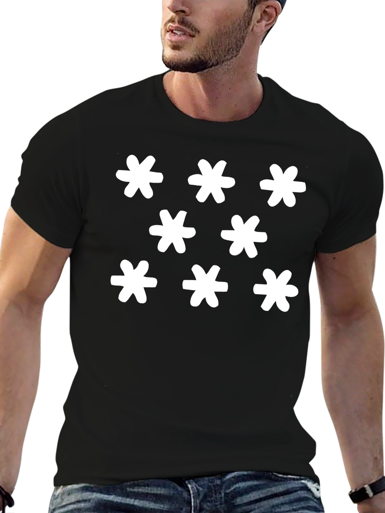 Black T-Shirt with Floral Star Pattern