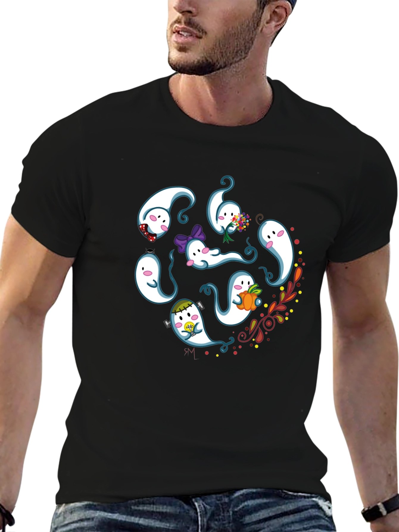 Cute Ghost Graphic Print Black T-Shirt