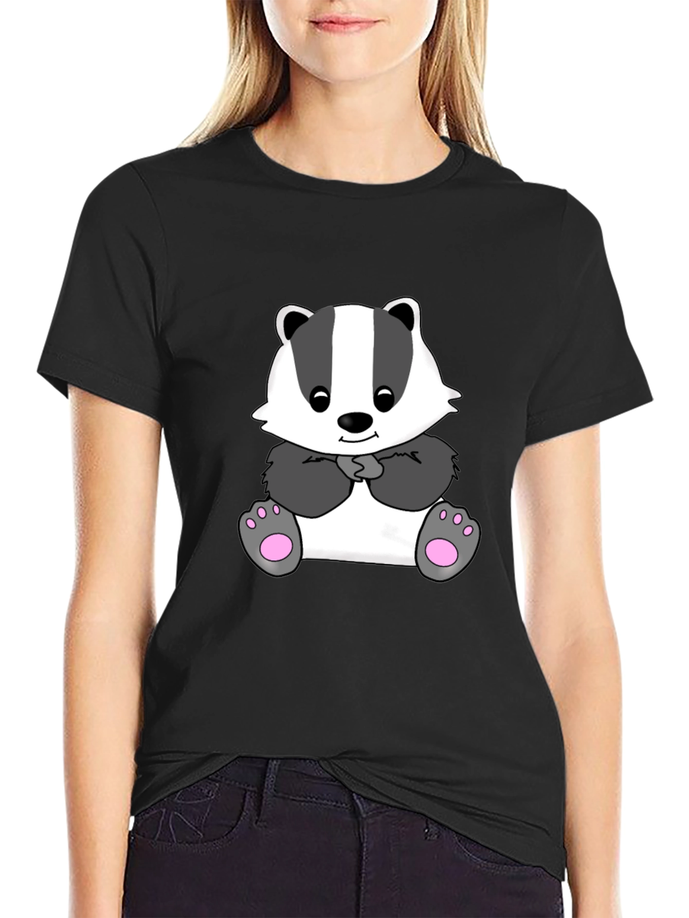 Cute Cartoon Badger Black T-Shirt