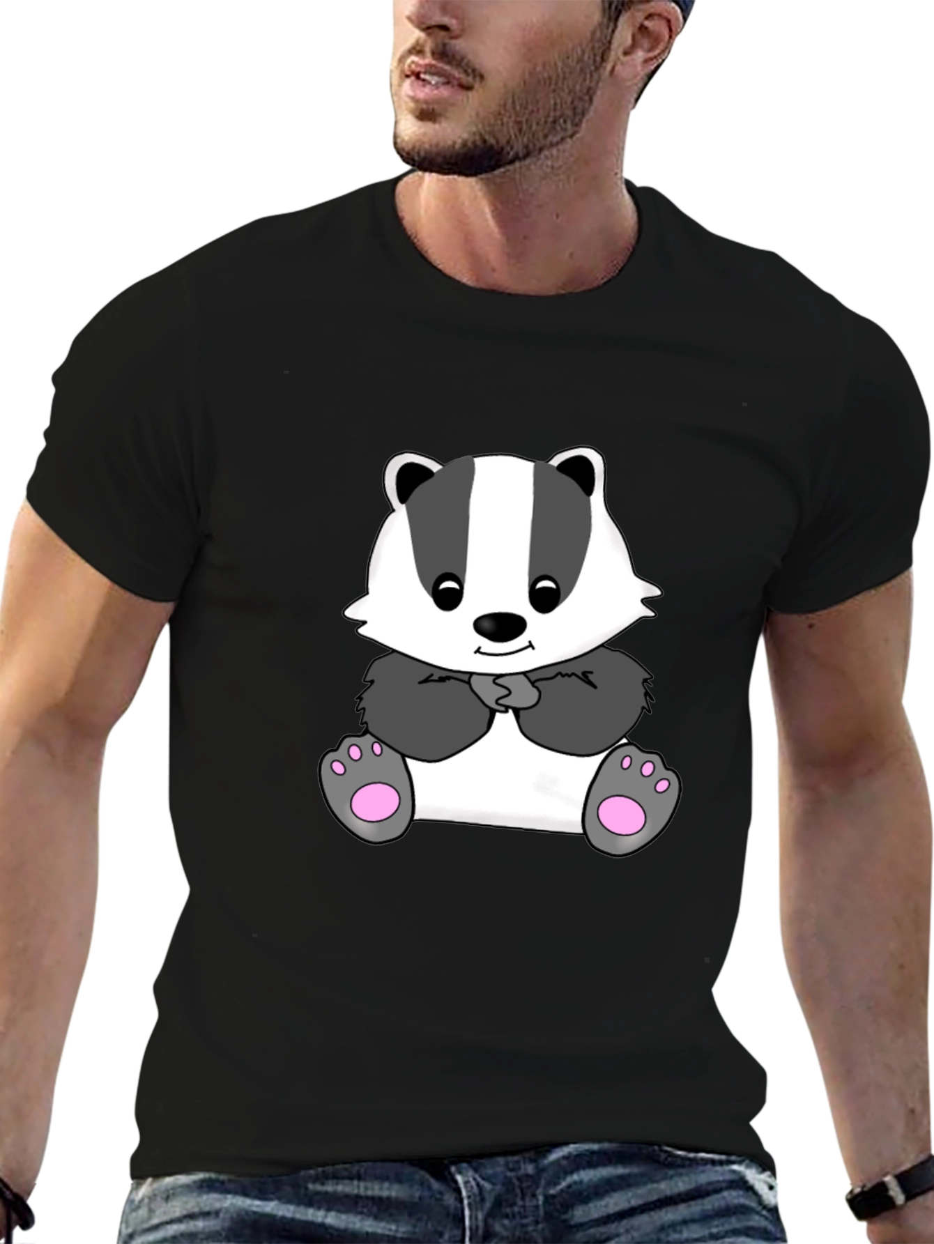 Cute Cartoon Badger Black T-Shirt