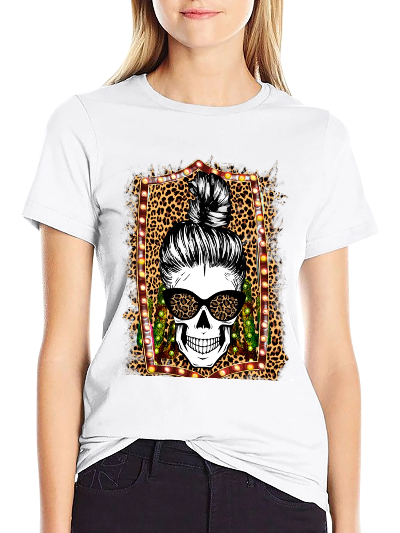 Leopard Skull Messy Bun T-Shirt