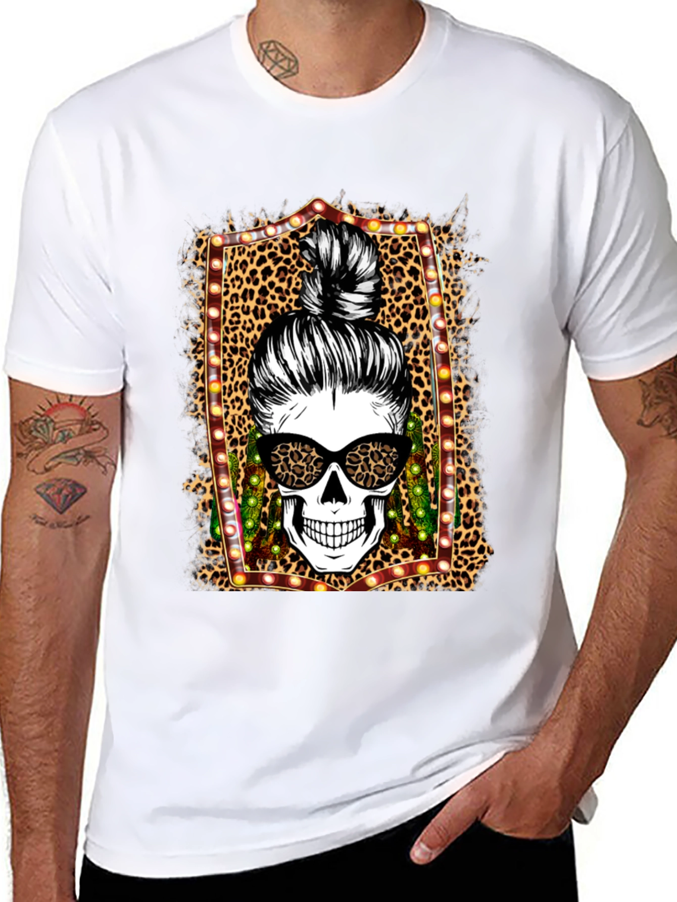 Leopard Skull Messy Bun T-Shirt