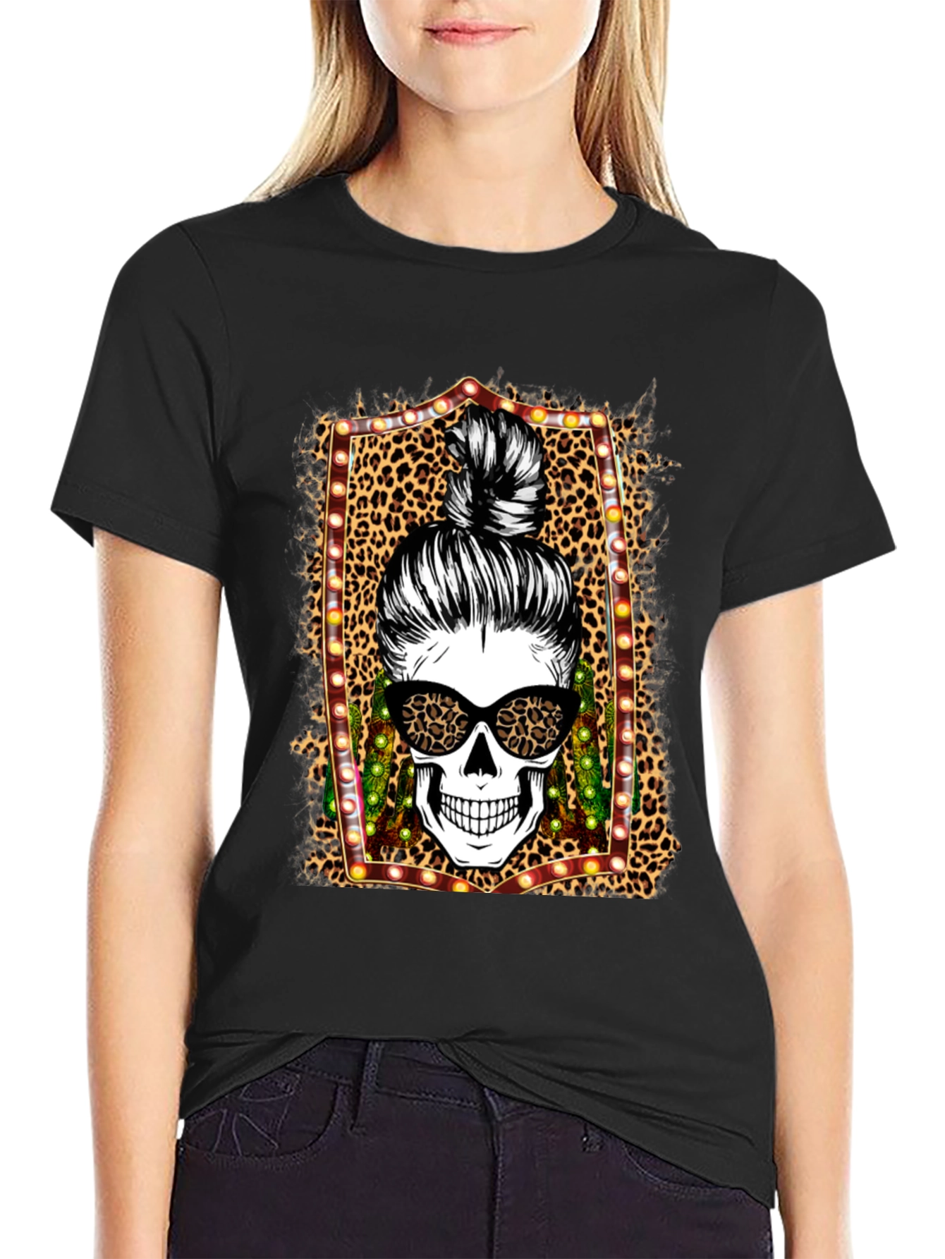 Leopard Skull Messy Bun T-Shirt