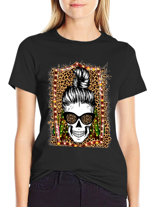 Leopard Skull Messy Bun T-Shirt