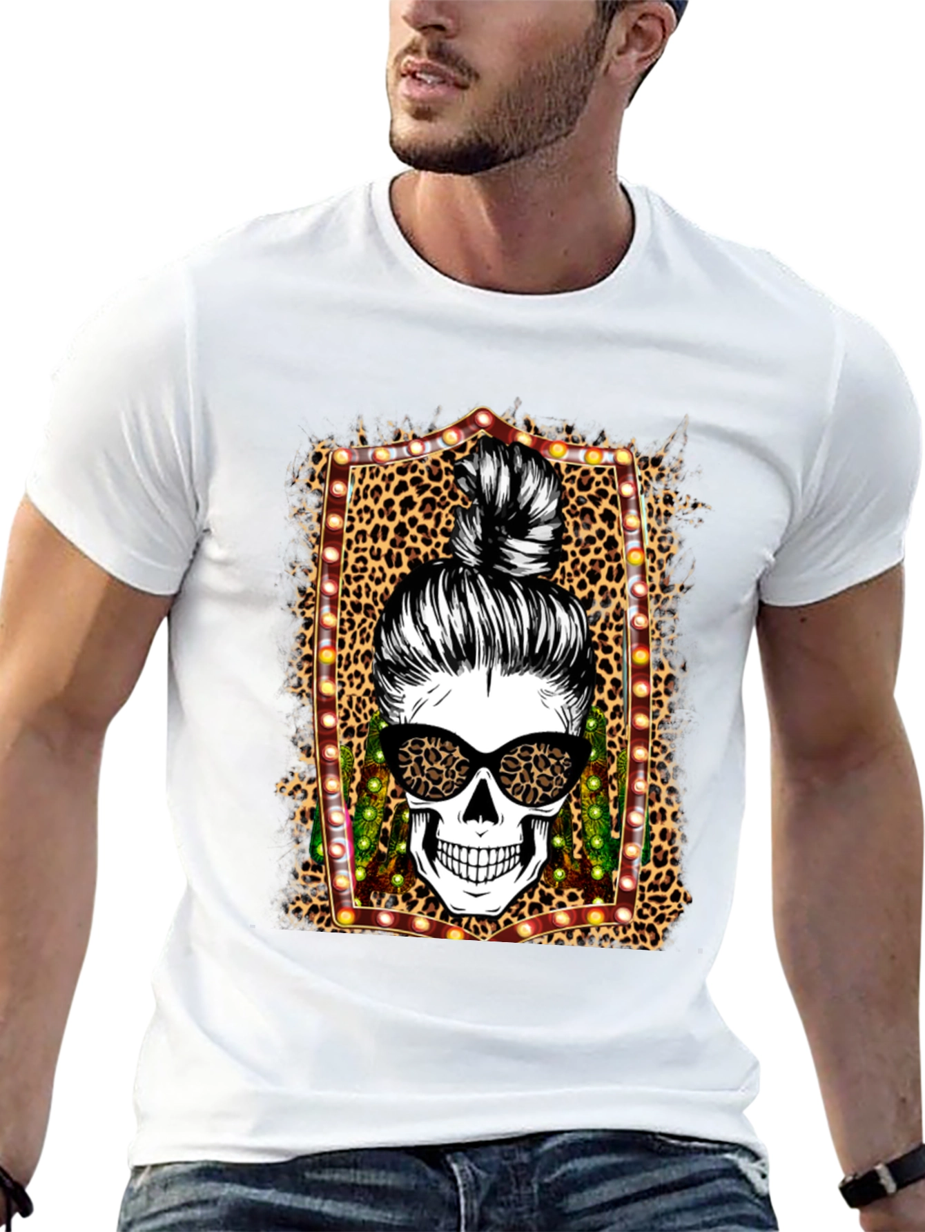 Leopard Skull Messy Bun T-Shirt