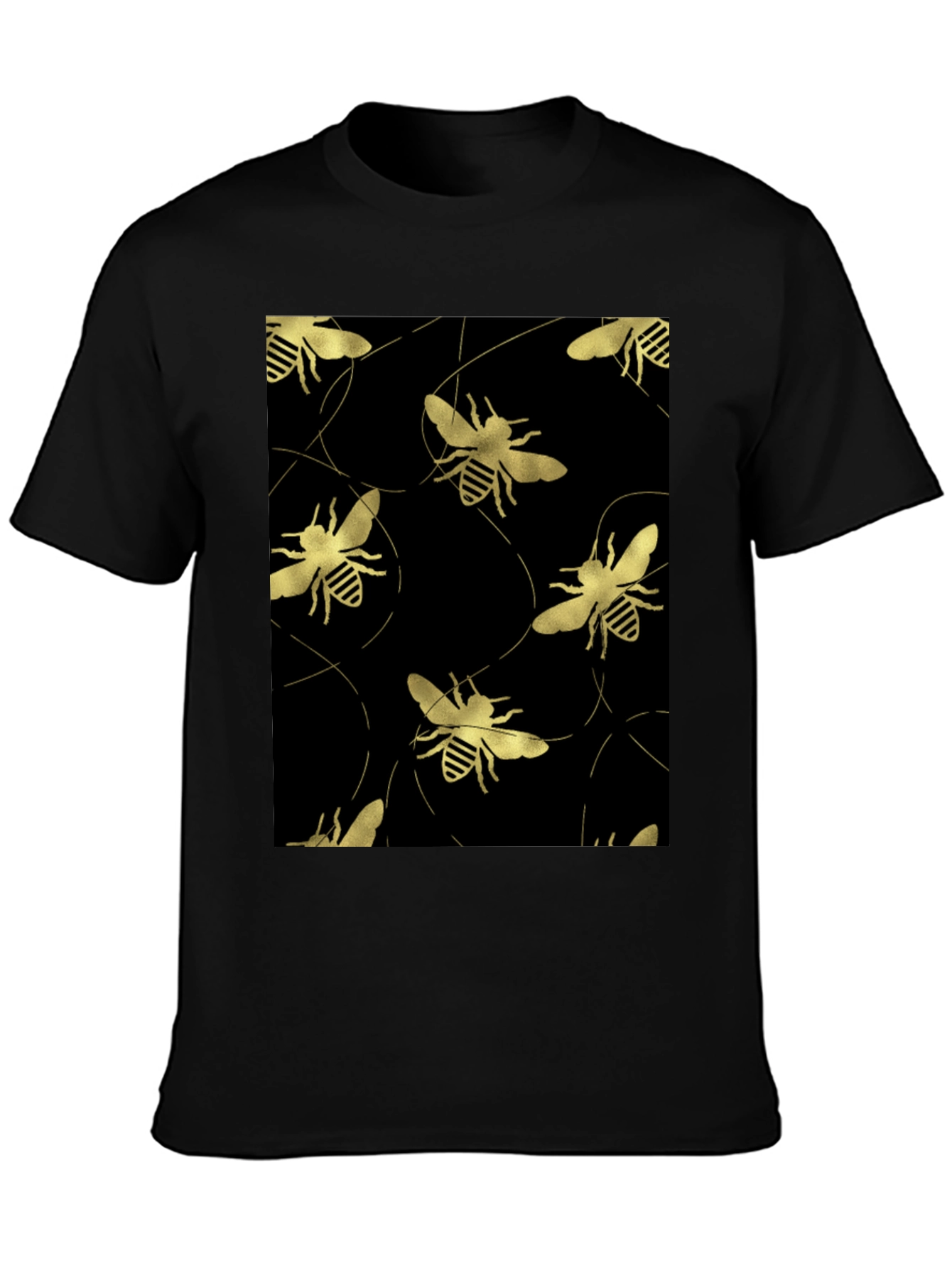 Golden Bee Pattern Black T-Shirt