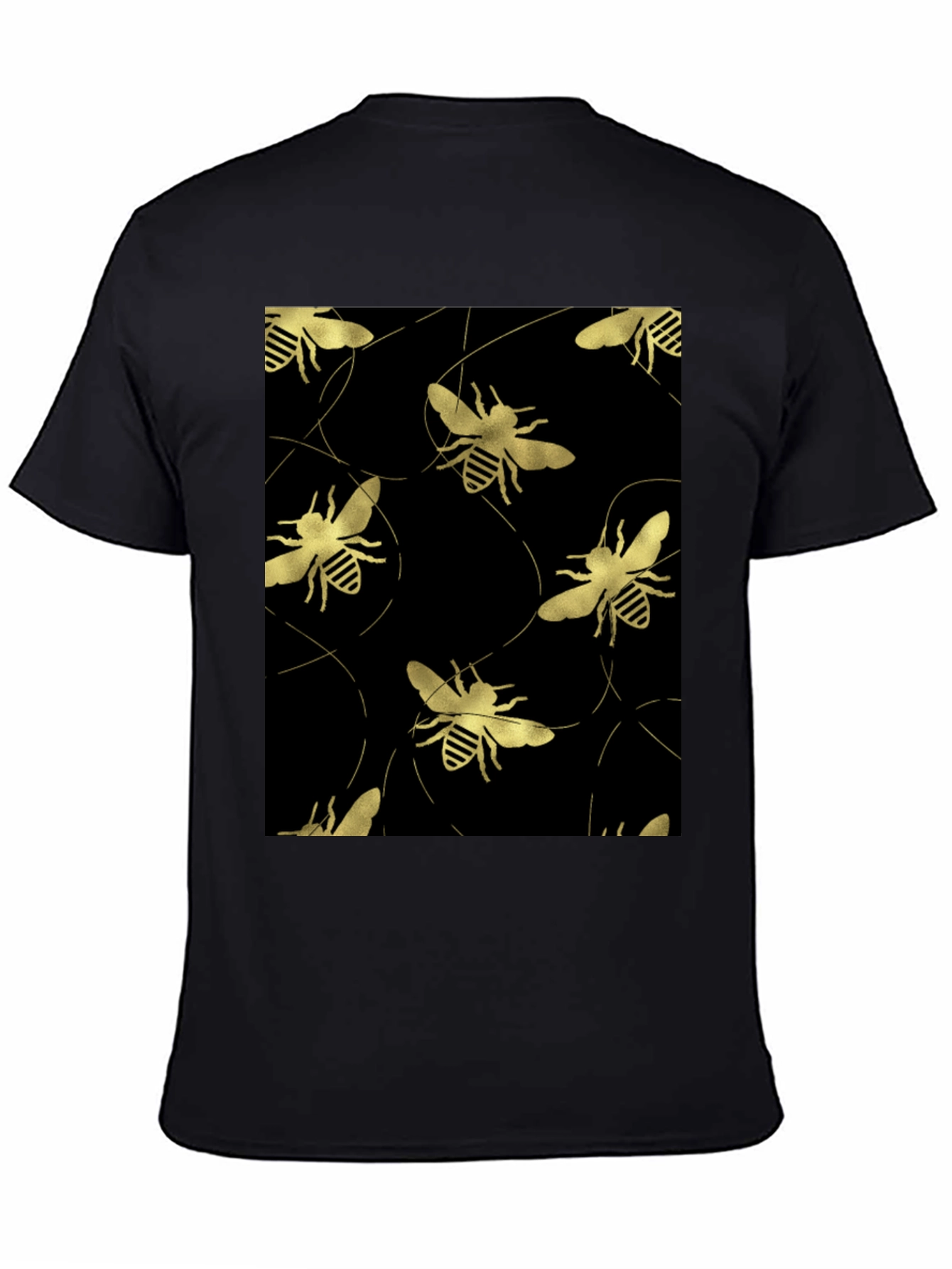 Golden Bee Pattern Black T-Shirt