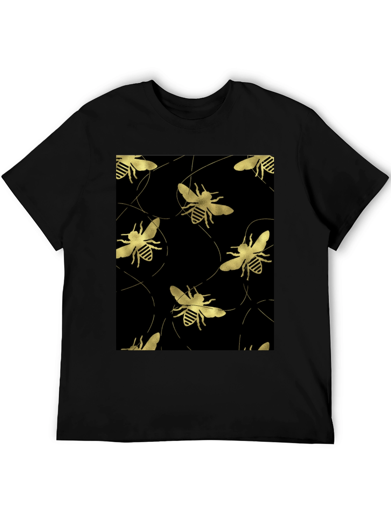 Golden Bee Pattern Black T-Shirt