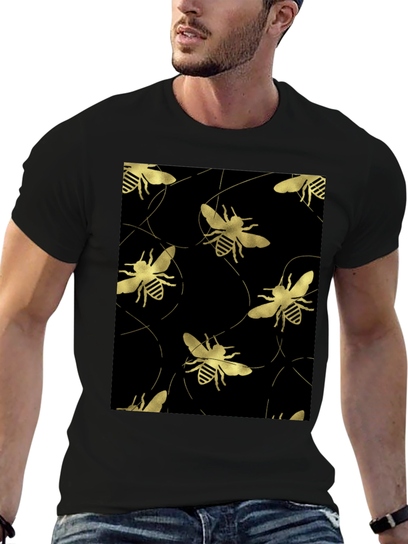 Golden Bee Pattern Black T-Shirt
