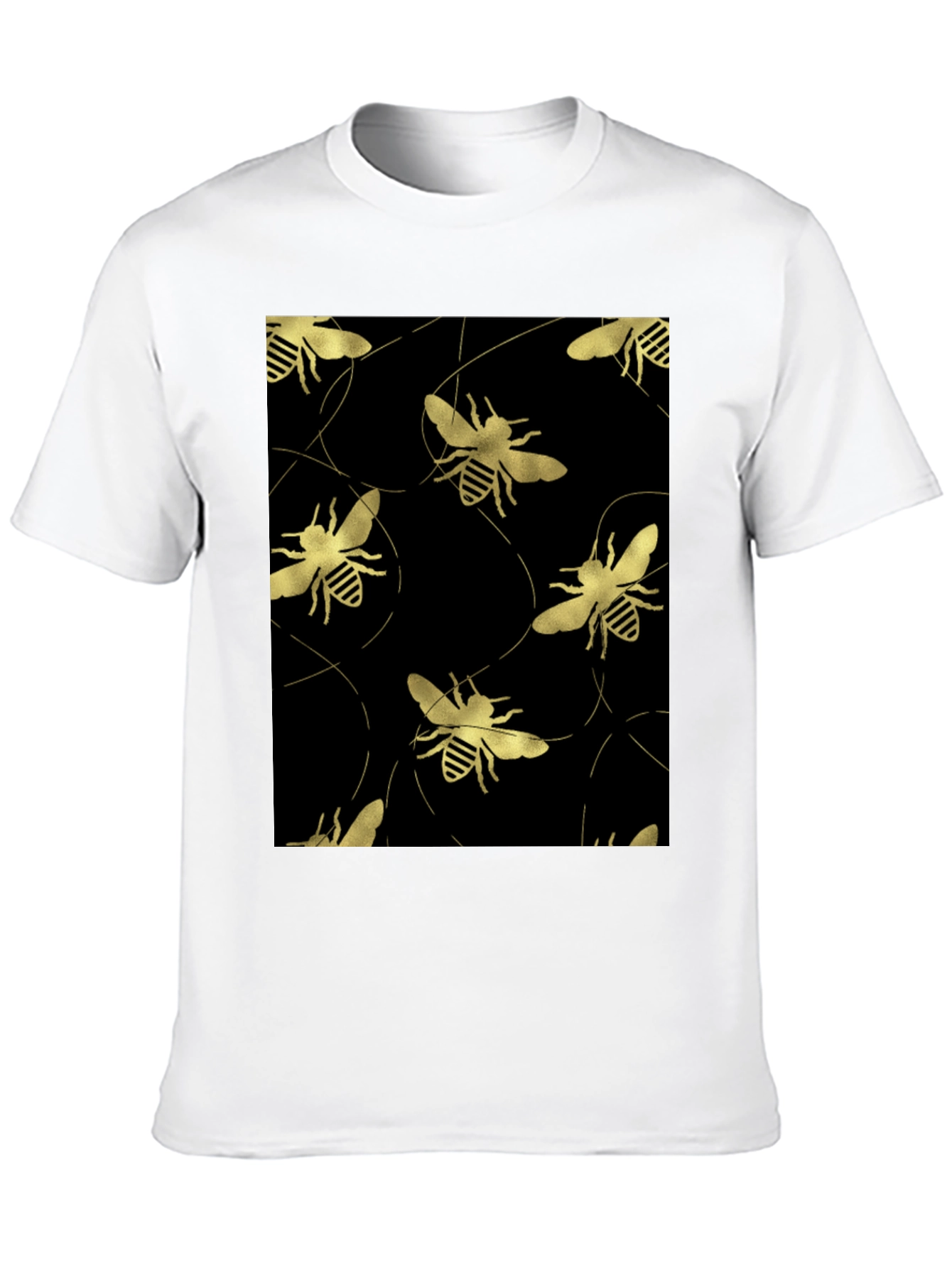 Golden Bee Pattern Black T-Shirt
