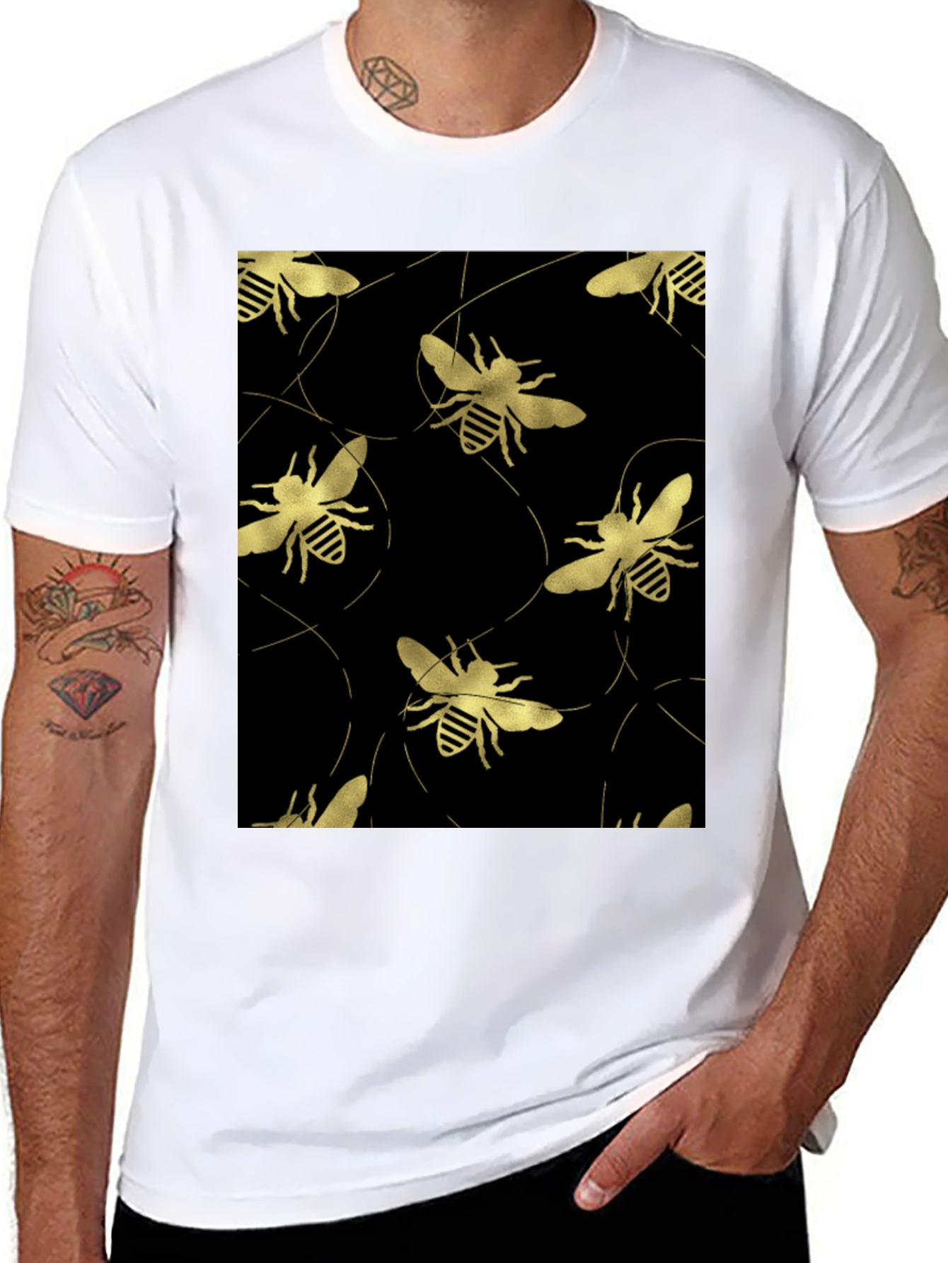 Golden Bee Pattern Black T-Shirt