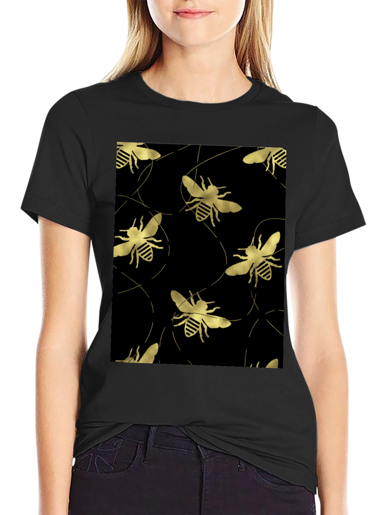 Golden Bee Pattern Black T-Shirt