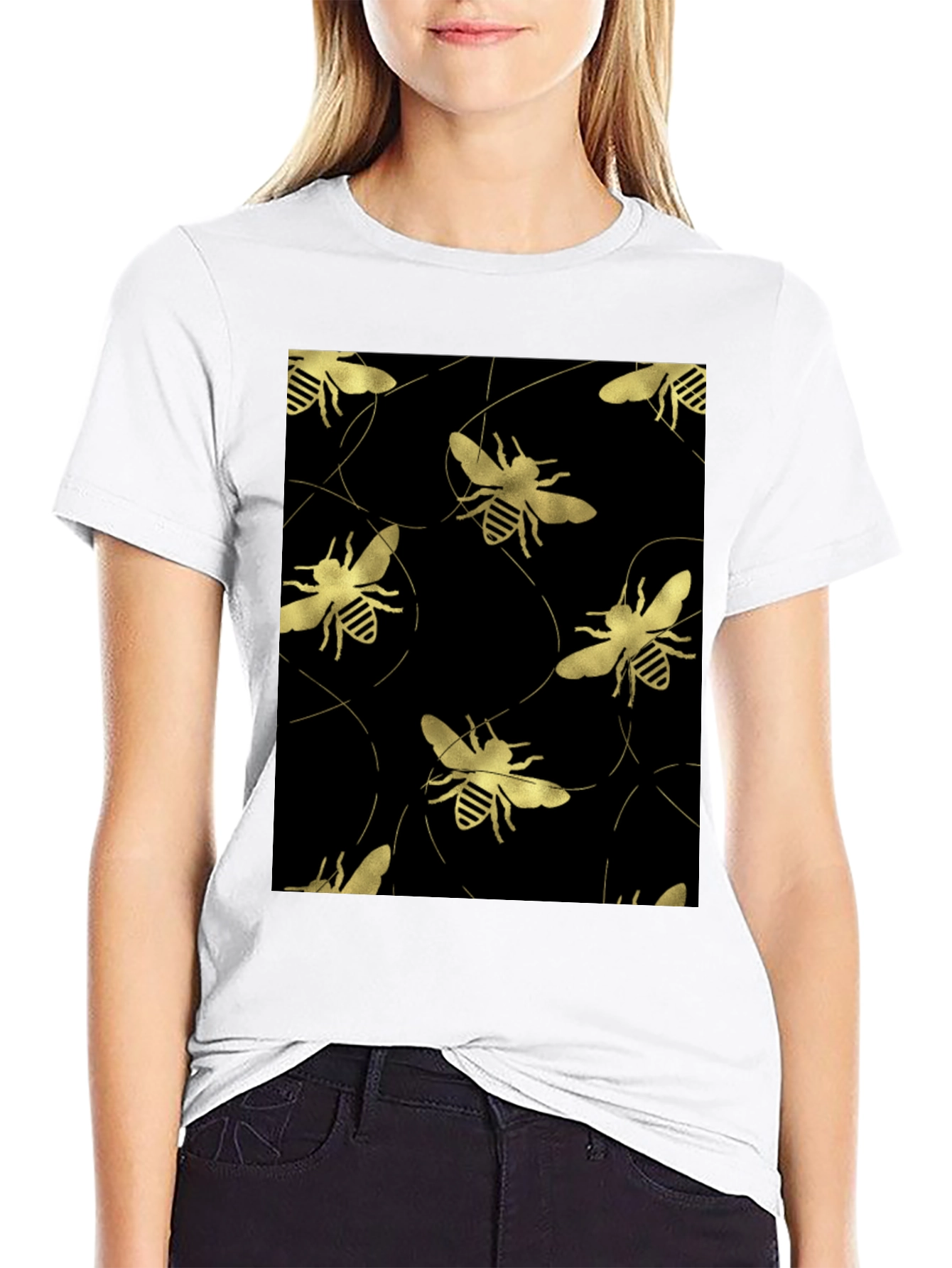 Golden Bee Pattern Black T-Shirt
