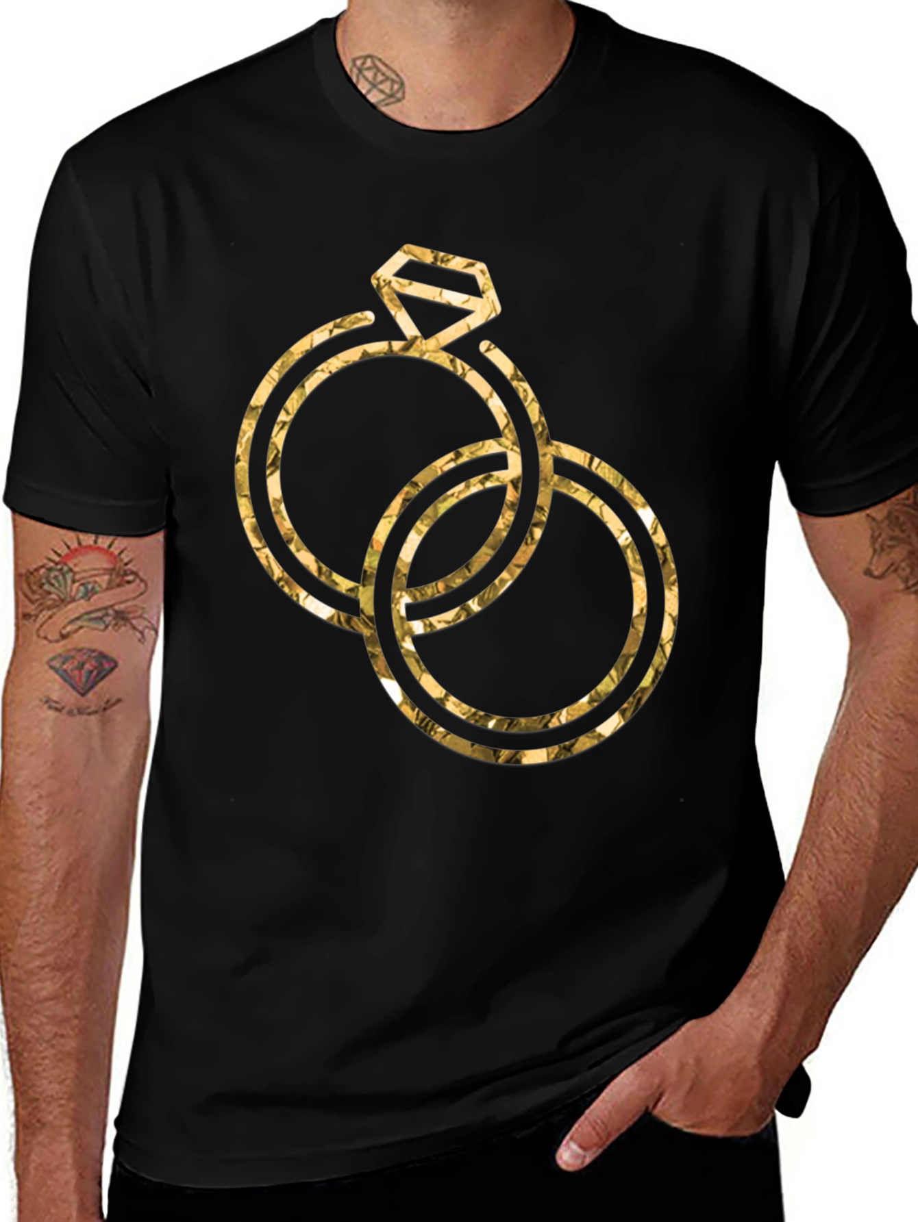Golden Wedding Rings Graphic Tee - Stylish Black T-Shirt