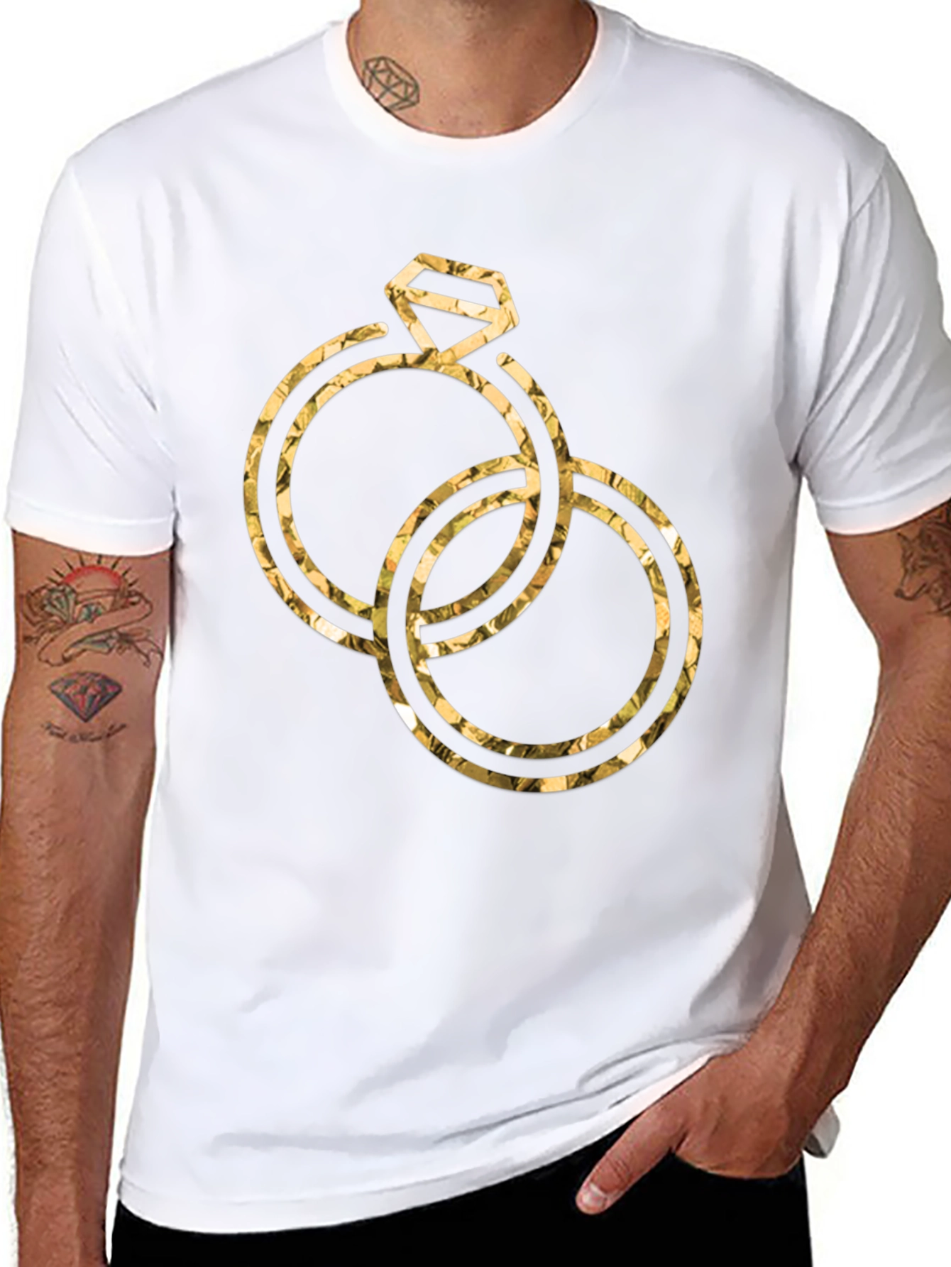Golden Wedding Rings Graphic Tee - Stylish Black T-Shirt