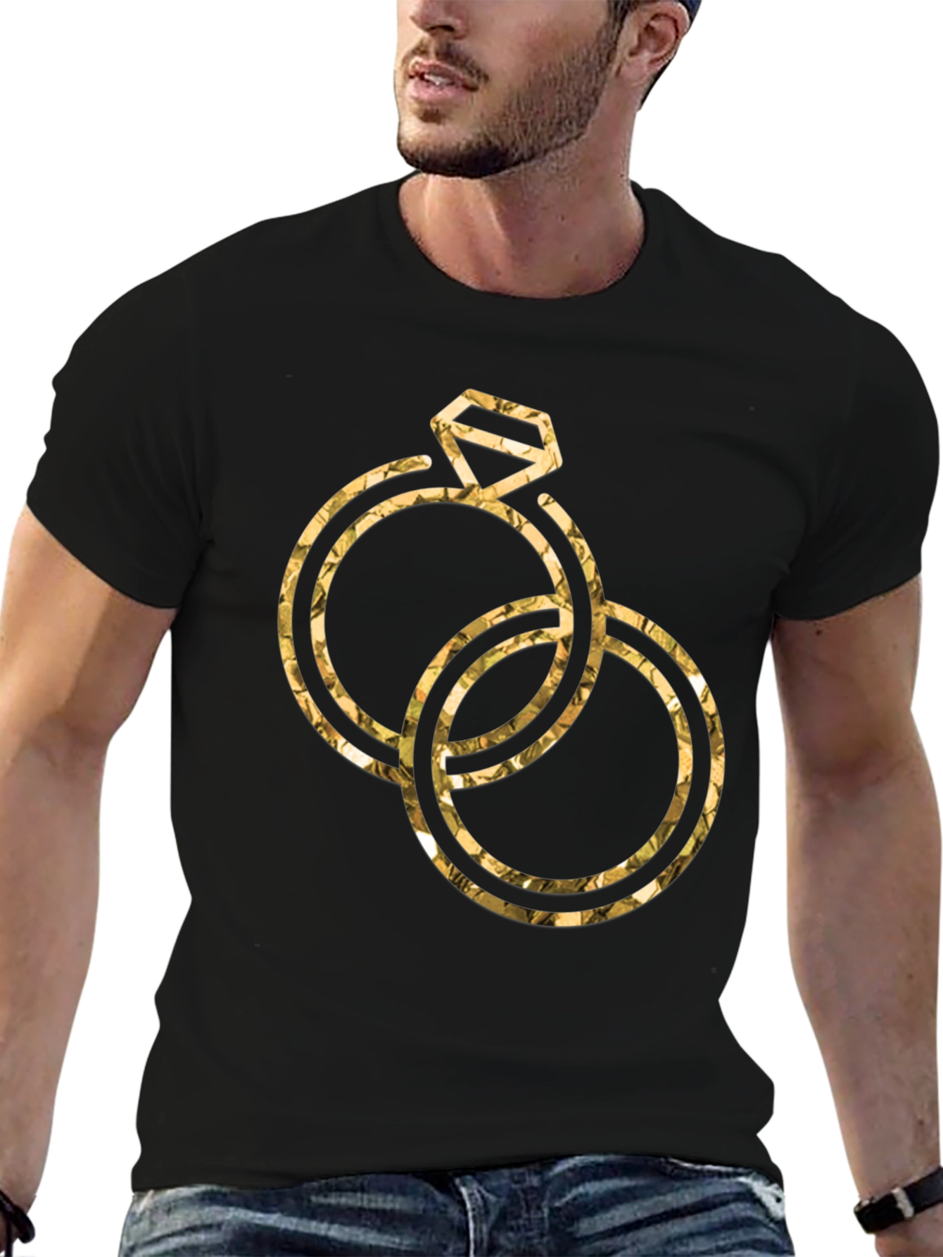 Golden Wedding Rings Graphic Tee - Stylish Black T-Shirt