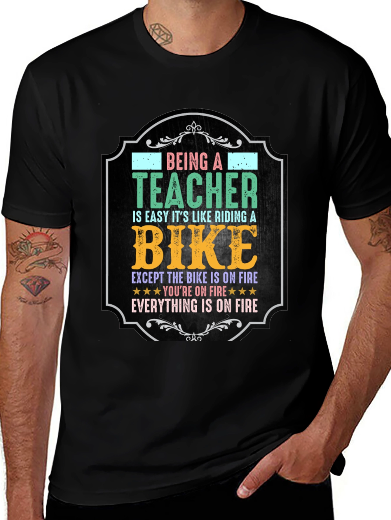 Funny Teacher T-Shirt: Riding a Bike on Fire