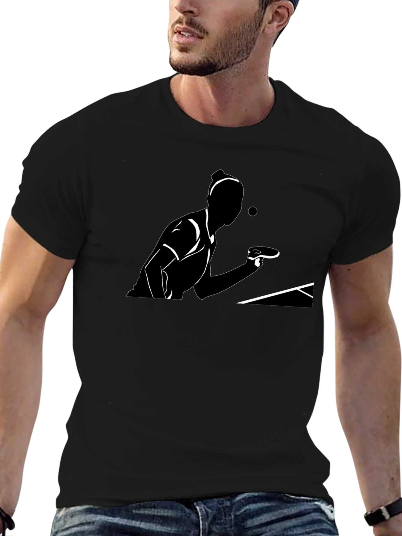 Table Tennis Player Graphic Tee - Black Cotton T-Shirt