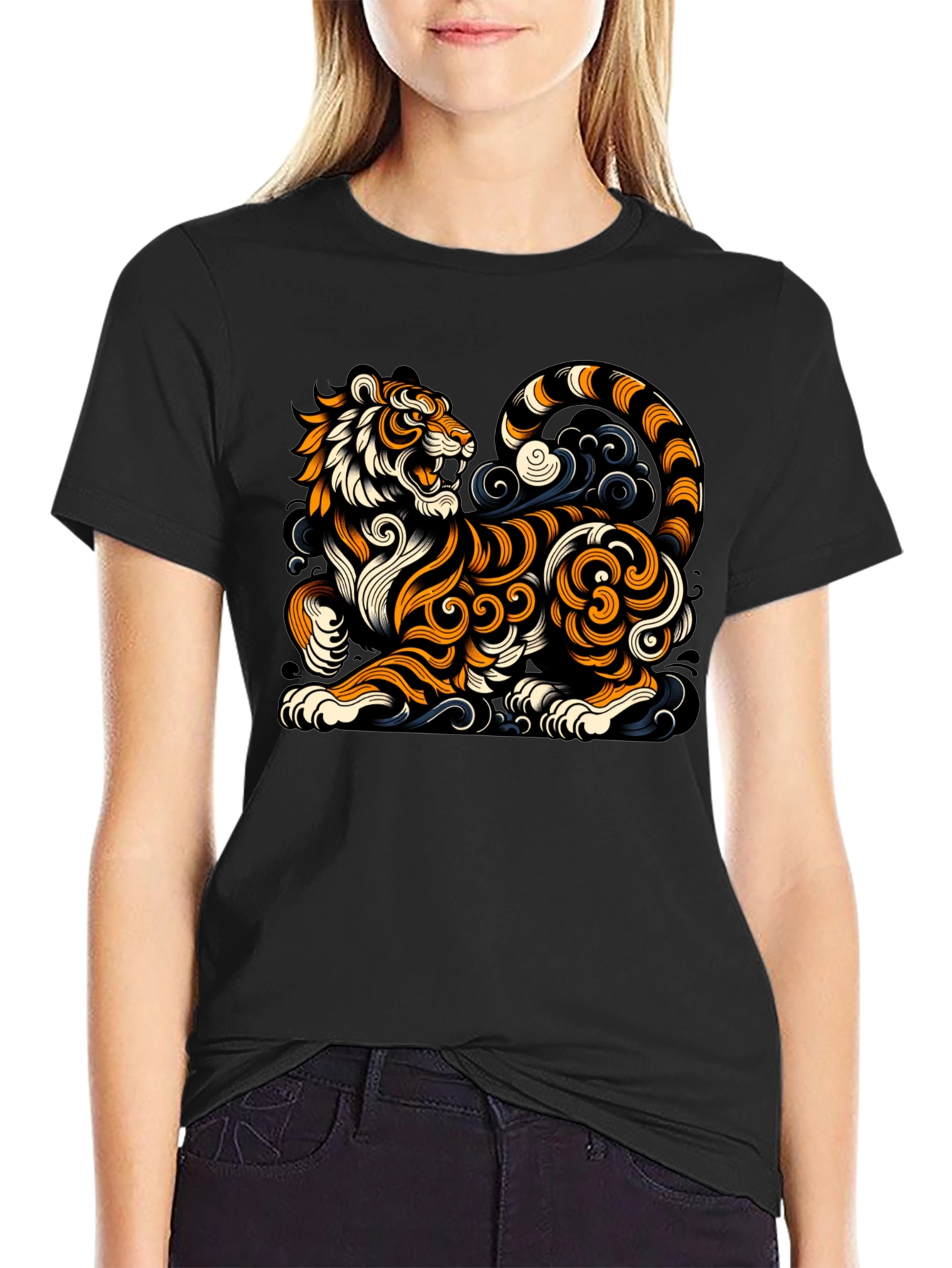 Stylized Tiger Graphic Tee - Black
