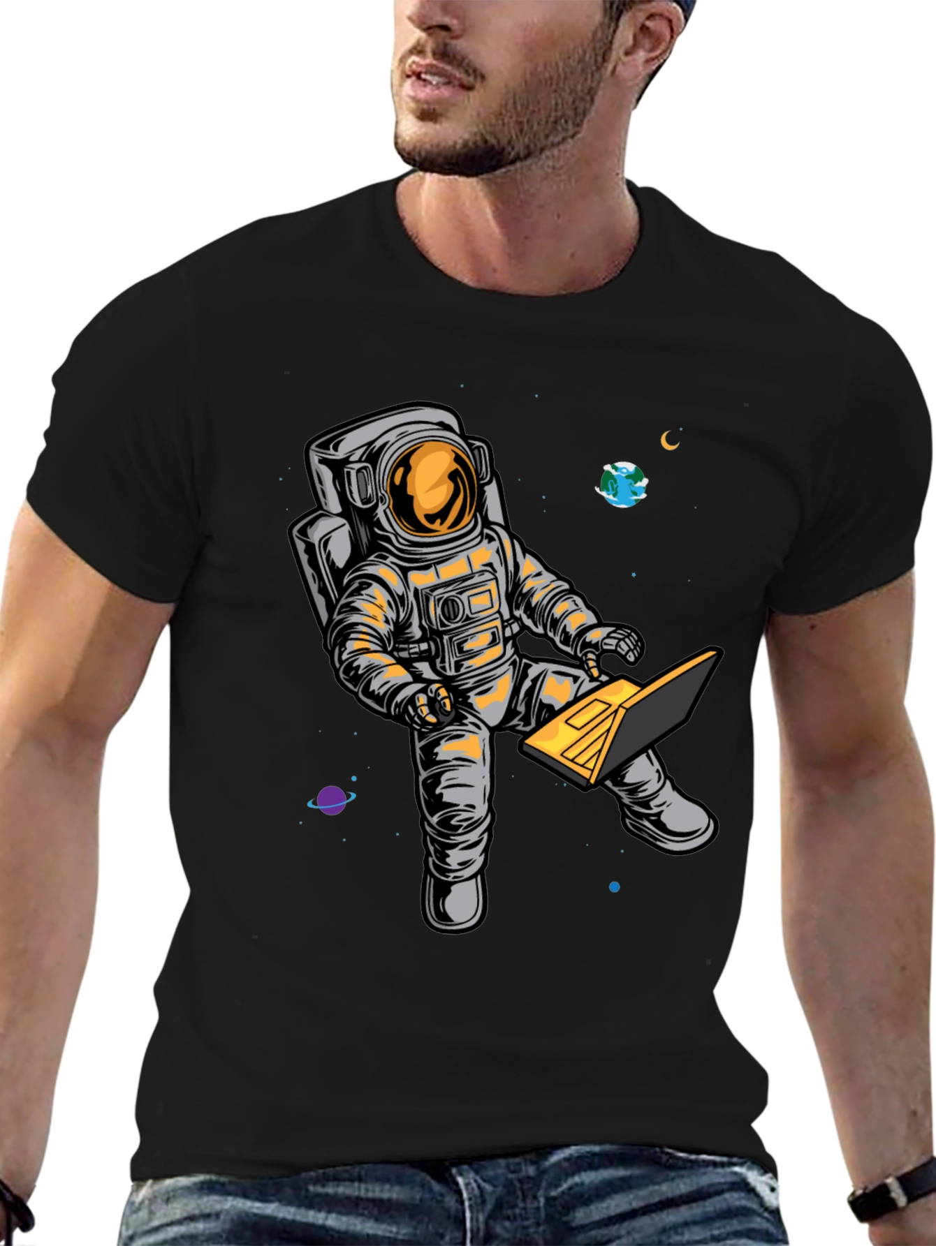 Astronaut Laptop Graphic T-Shirt - Space Lover Tee