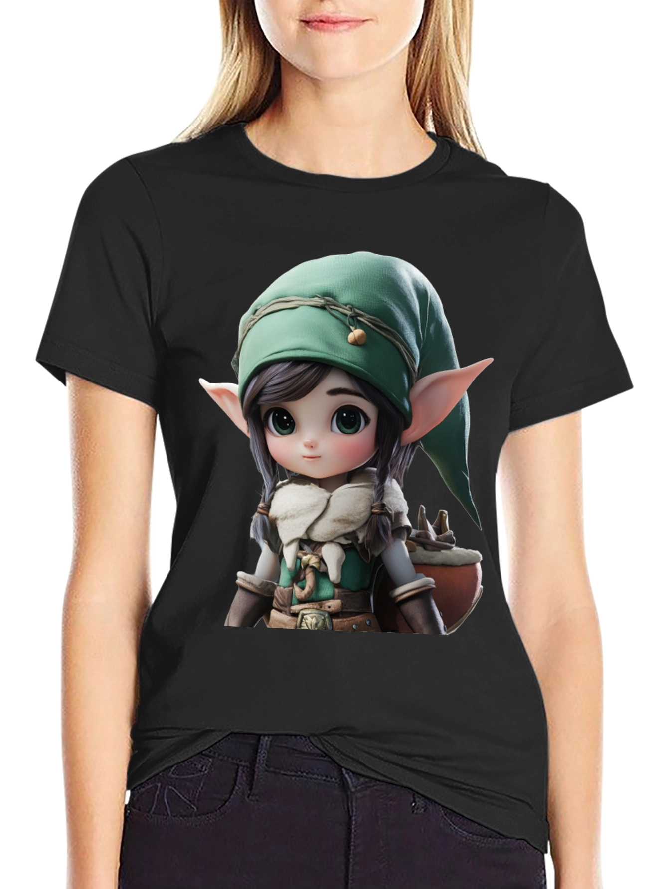 Elf Cartoon Graphic Black T-Shirt