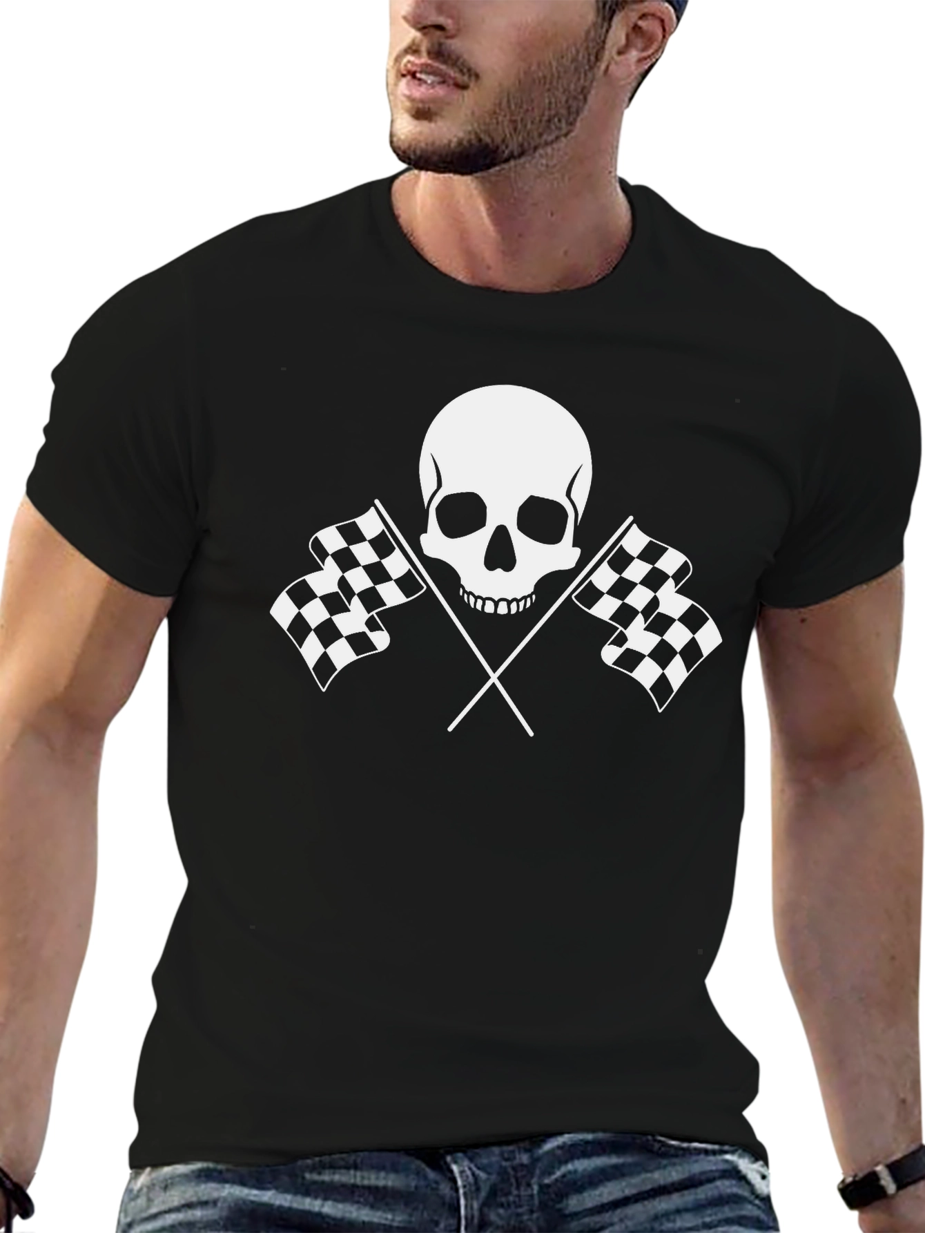 Racing Skull Graphic Tee - Black Cotton T-Shirt