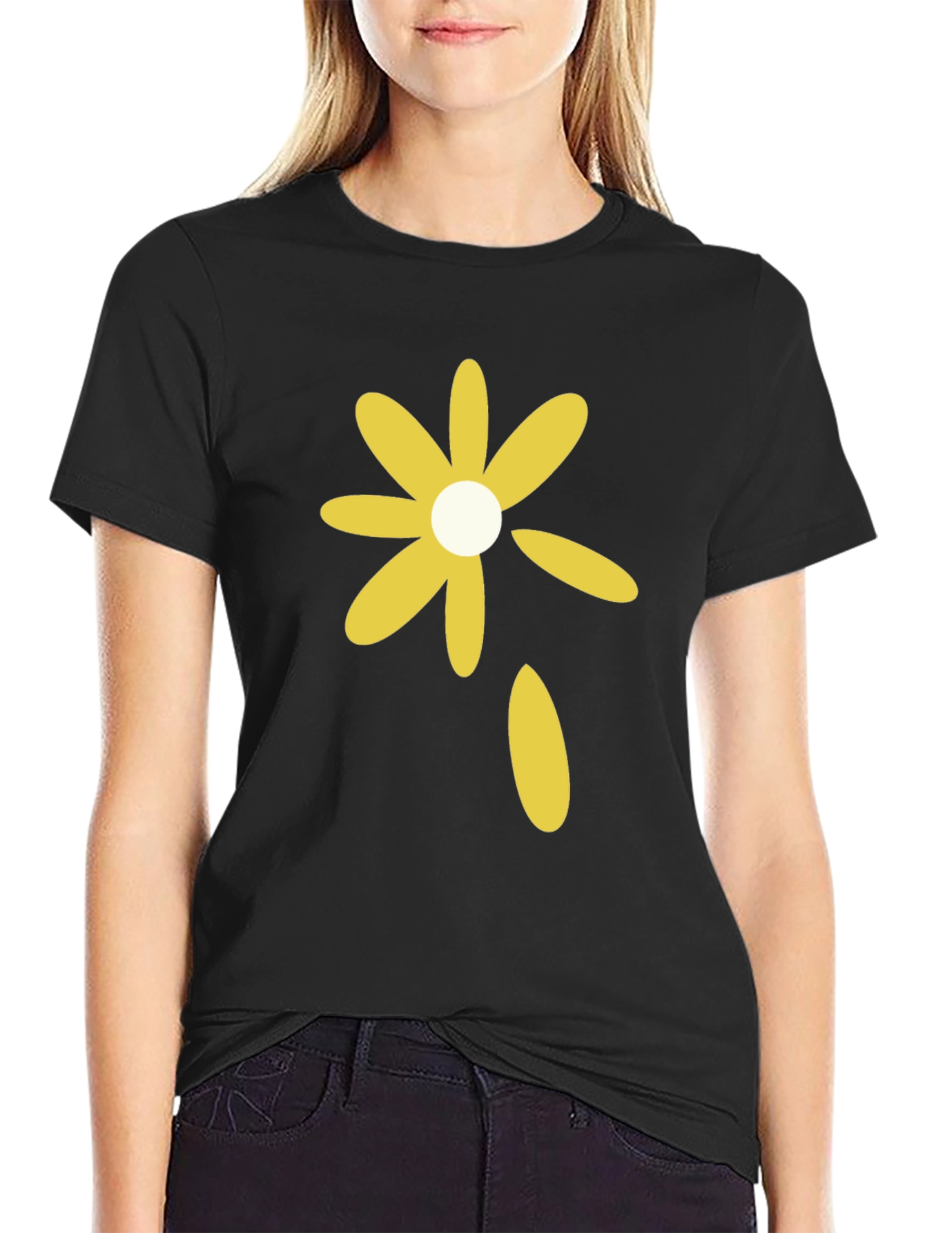 Black T-Shirt with Yellow Flower Graphic