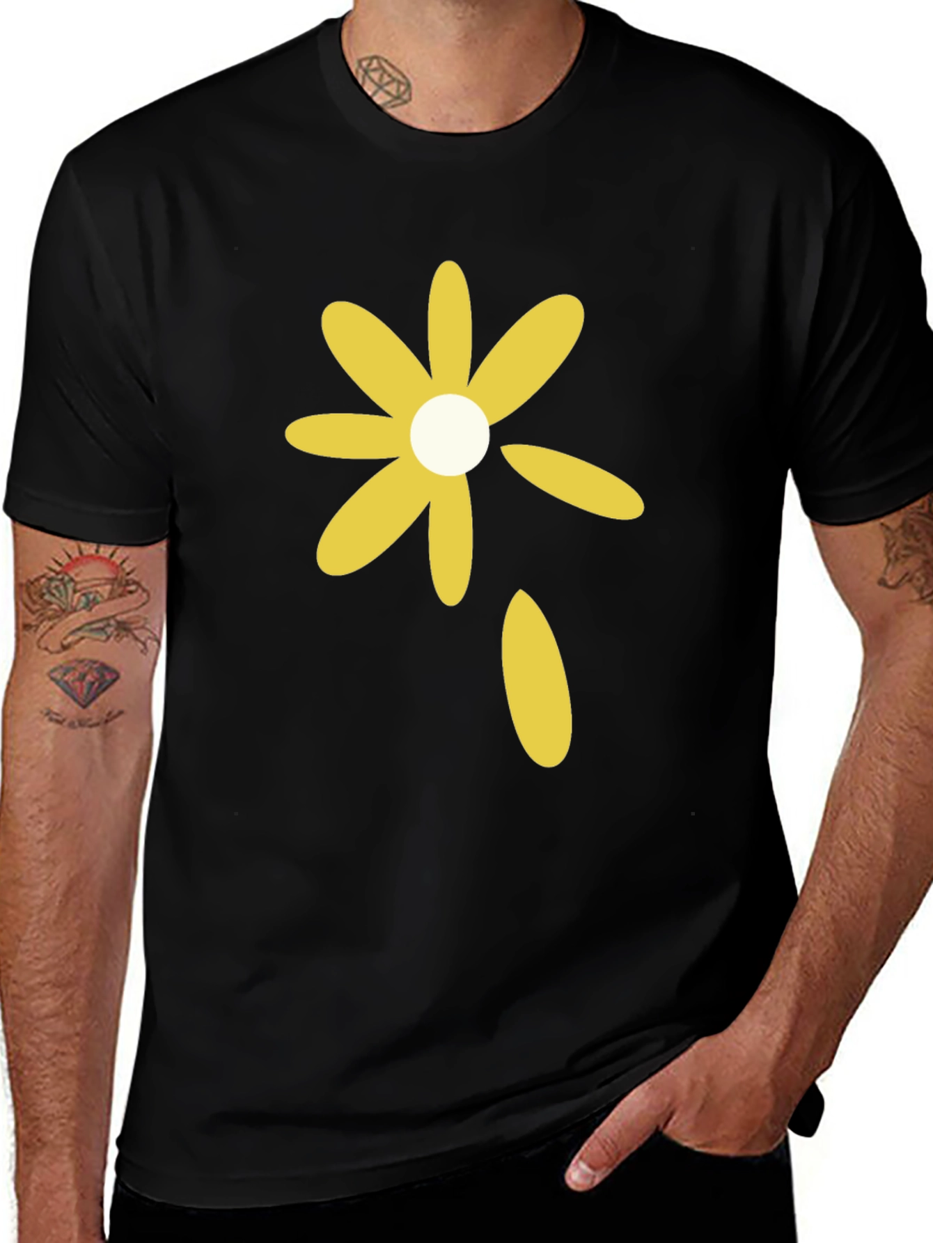 Black T-Shirt with Yellow Flower Graphic