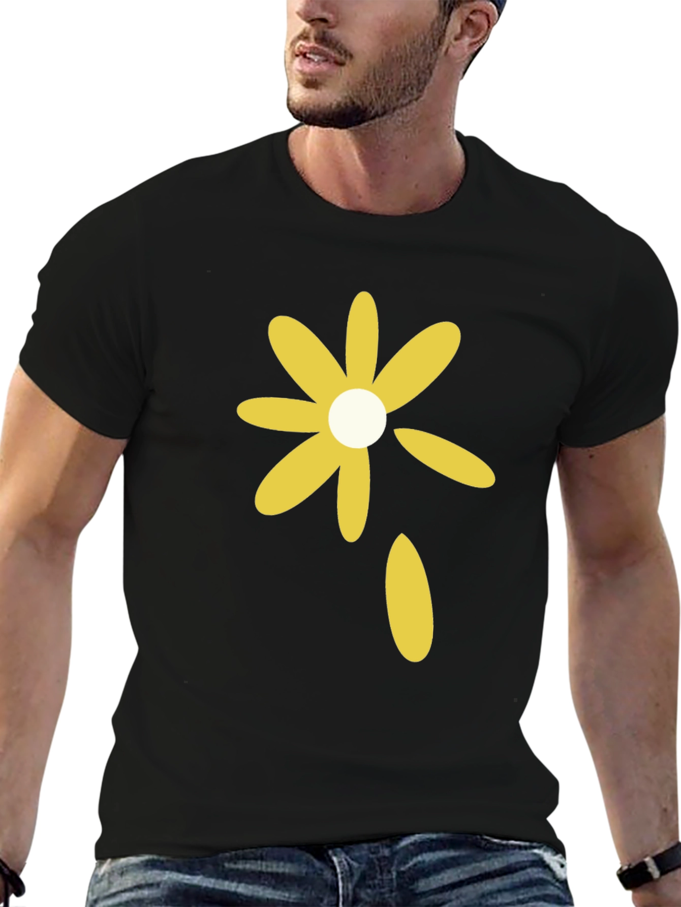 Black T-Shirt with Yellow Flower Graphic
