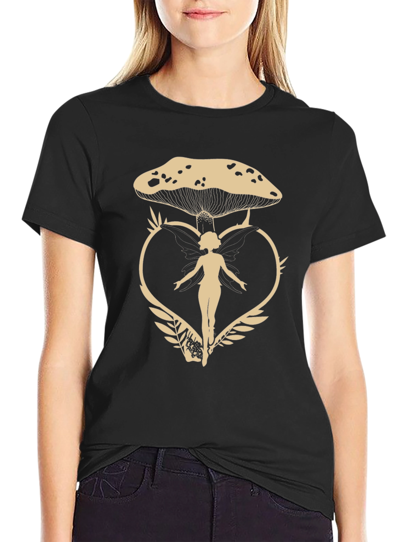 Mushroom Fairy Graphic Tee - Black Cotton T-Shirt