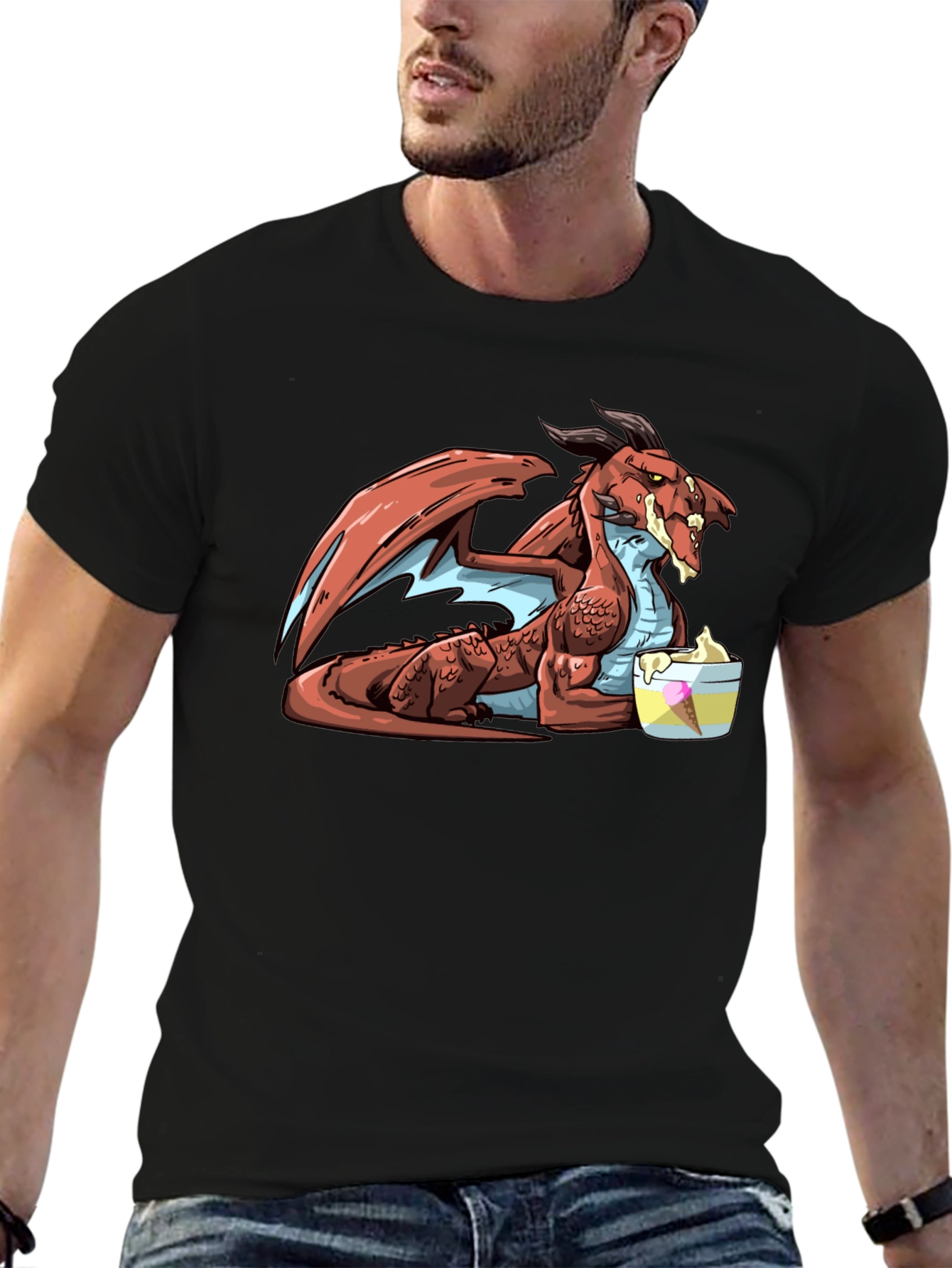 Dragon Eating Ice Cream Black T-Shirt
