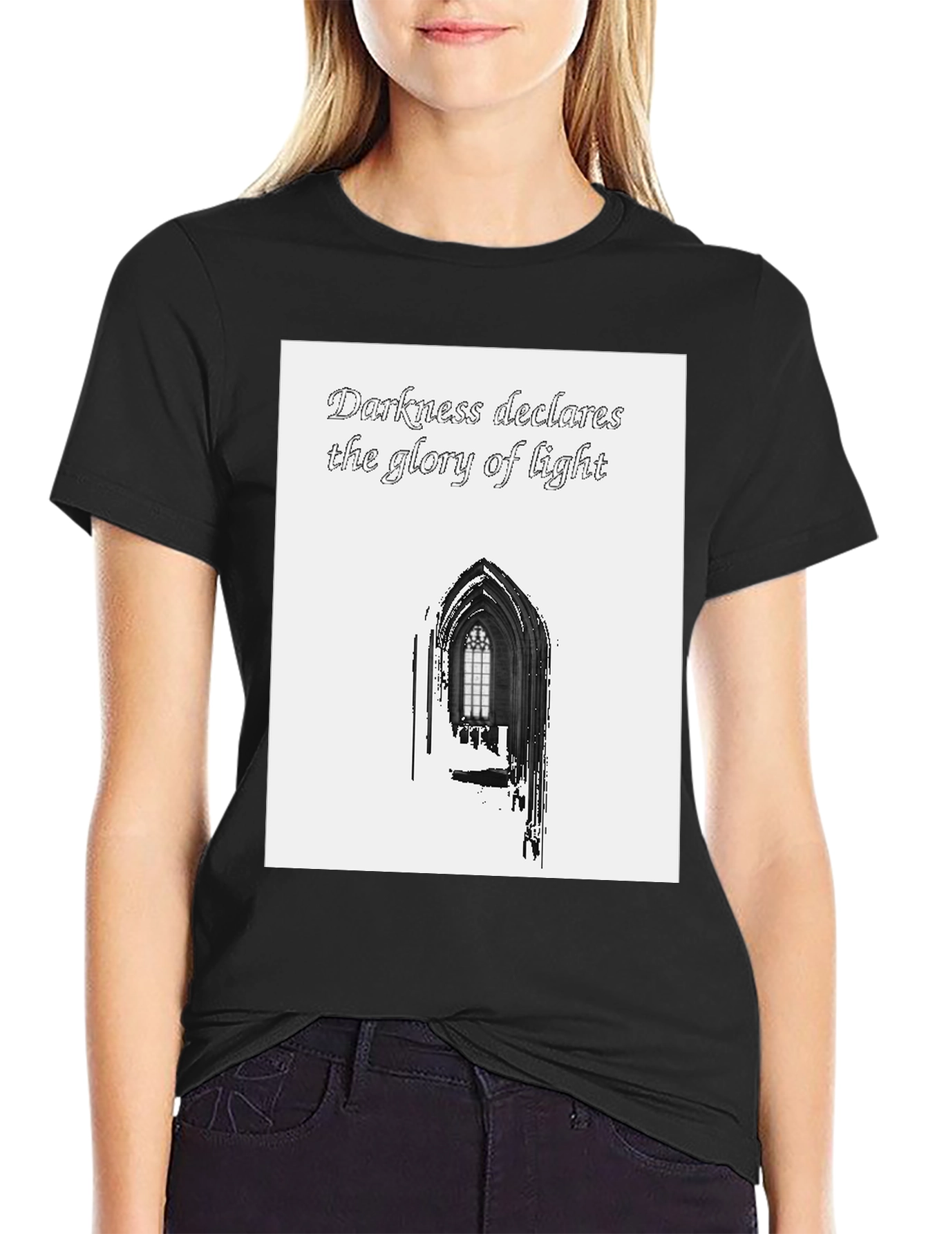 Darkness Declares Light Graphic Tee - Gothic Window Design
