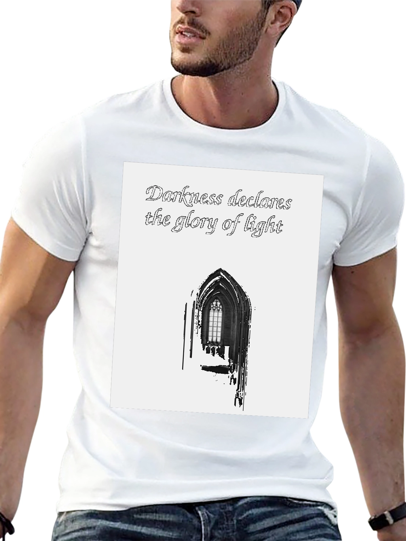Darkness Declares Light Graphic Tee - Gothic Window Design