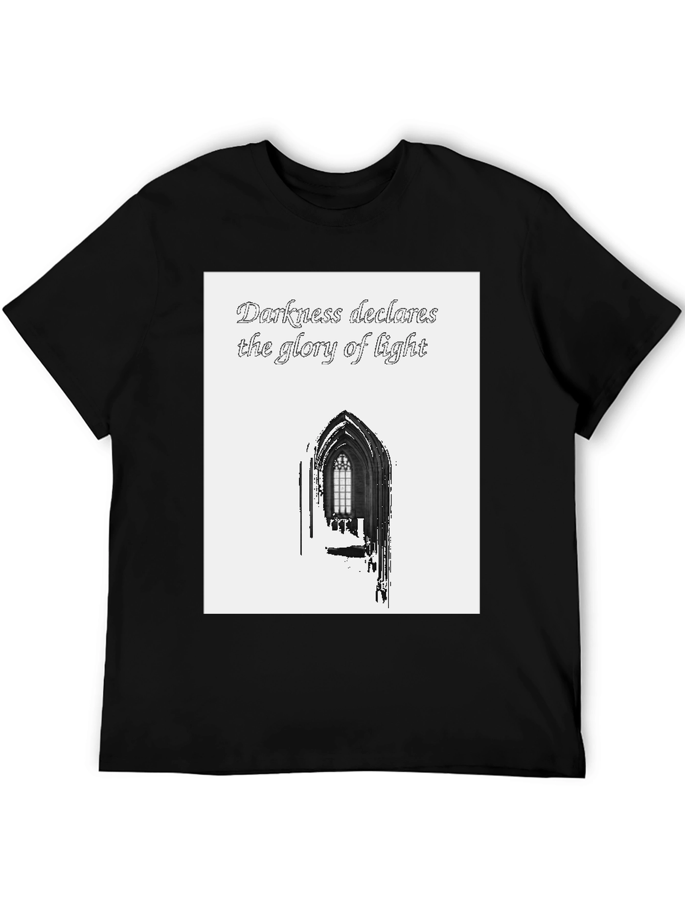 Darkness Declares Light Graphic Tee - Gothic Window Design