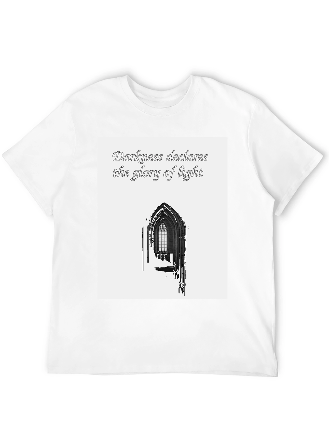 Darkness Declares Light Graphic Tee - Gothic Window Design