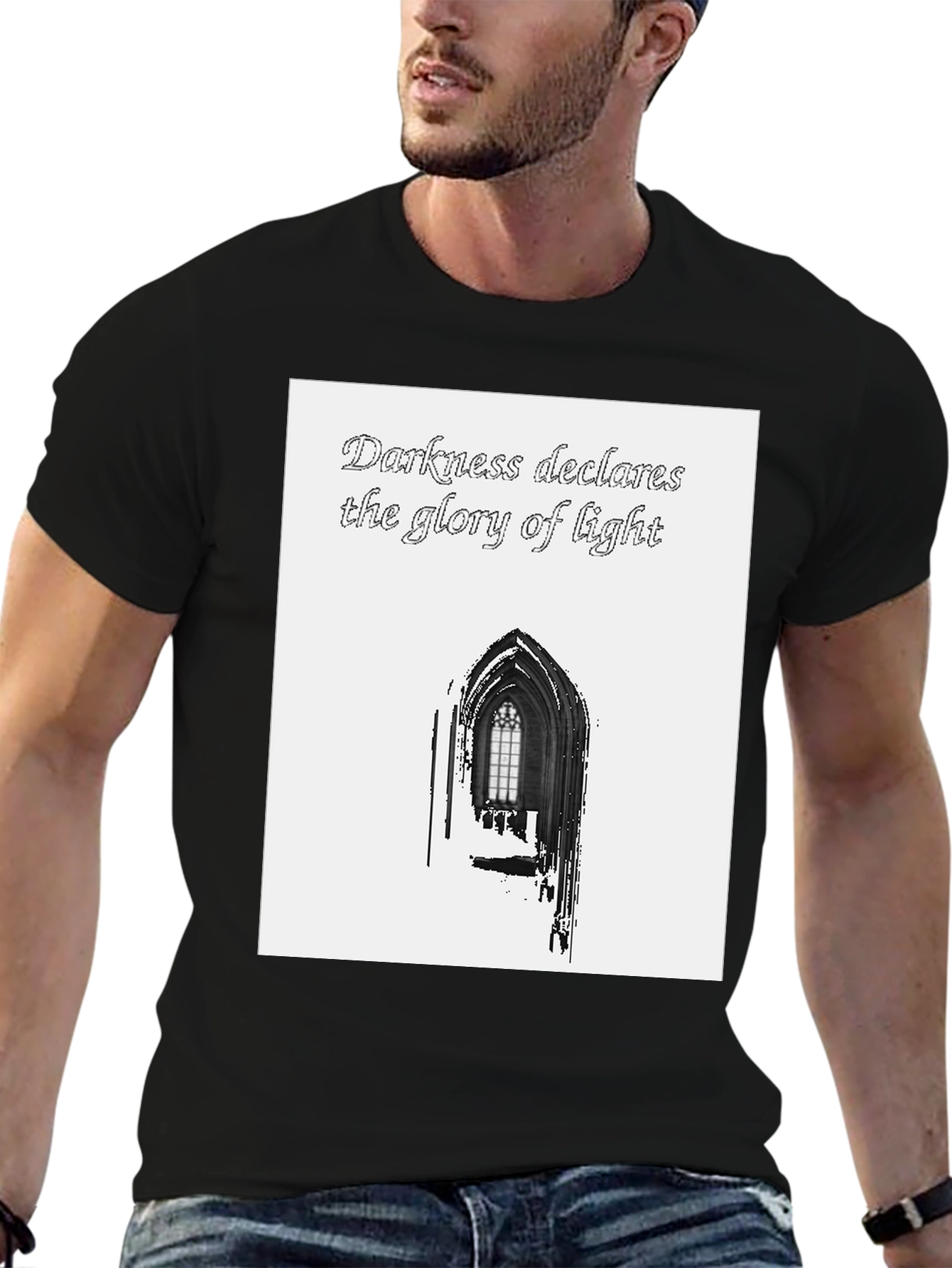 Darkness Declares Light Graphic Tee - Gothic Window Design