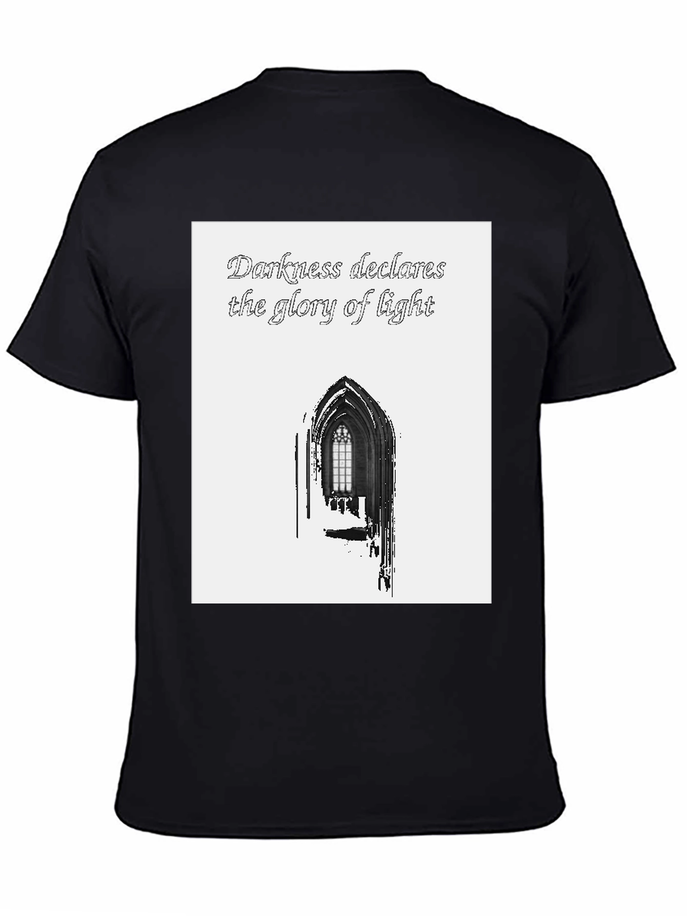 Darkness Declares Light Graphic Tee - Gothic Window Design
