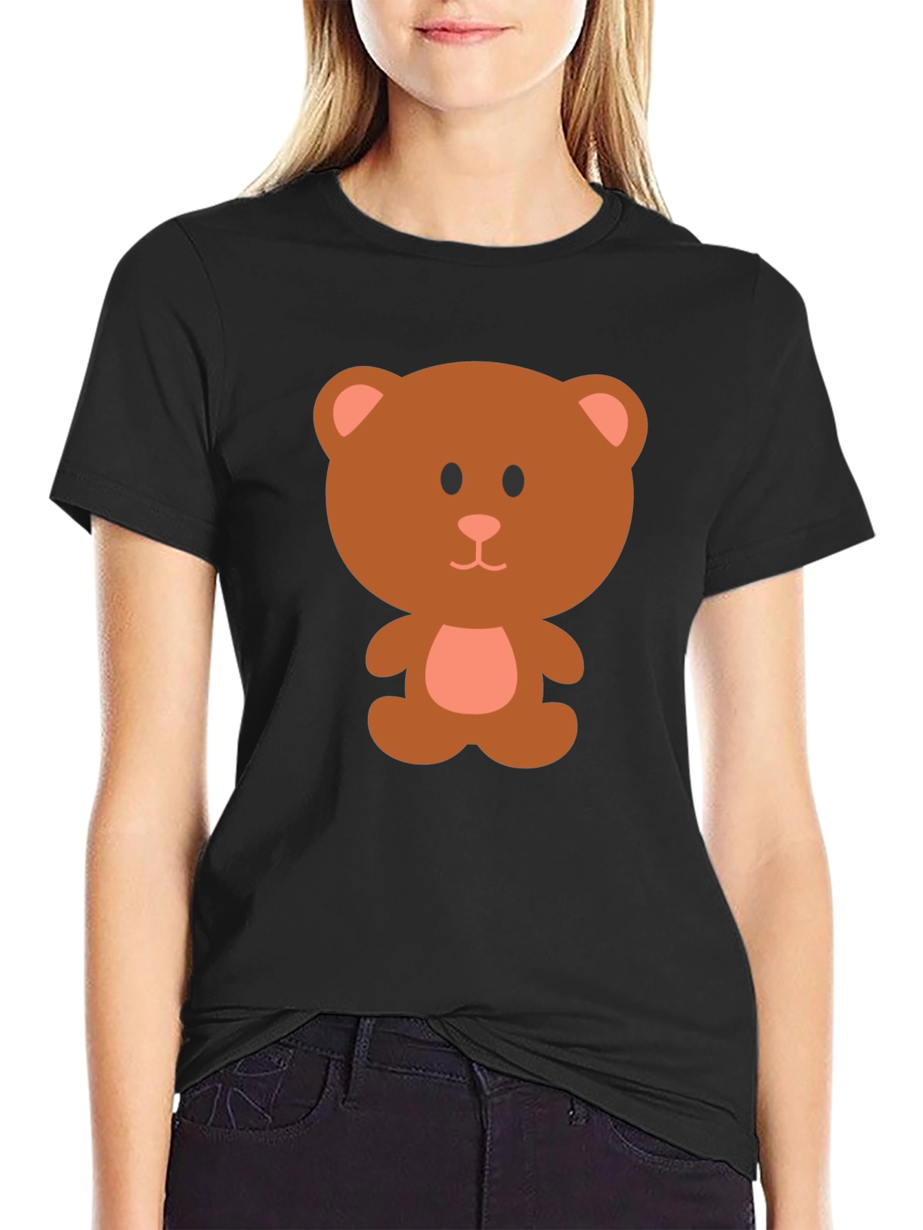 Cute Cartoon Bear Graphic T-Shirt - Black