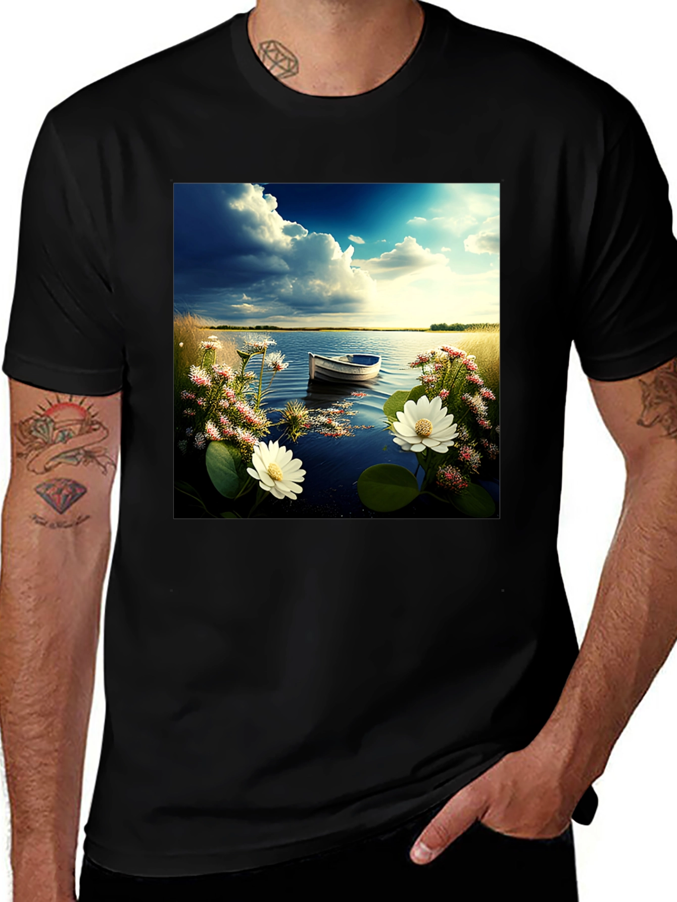 Natures Calm Tee: Lakeside Boat & Floral Design