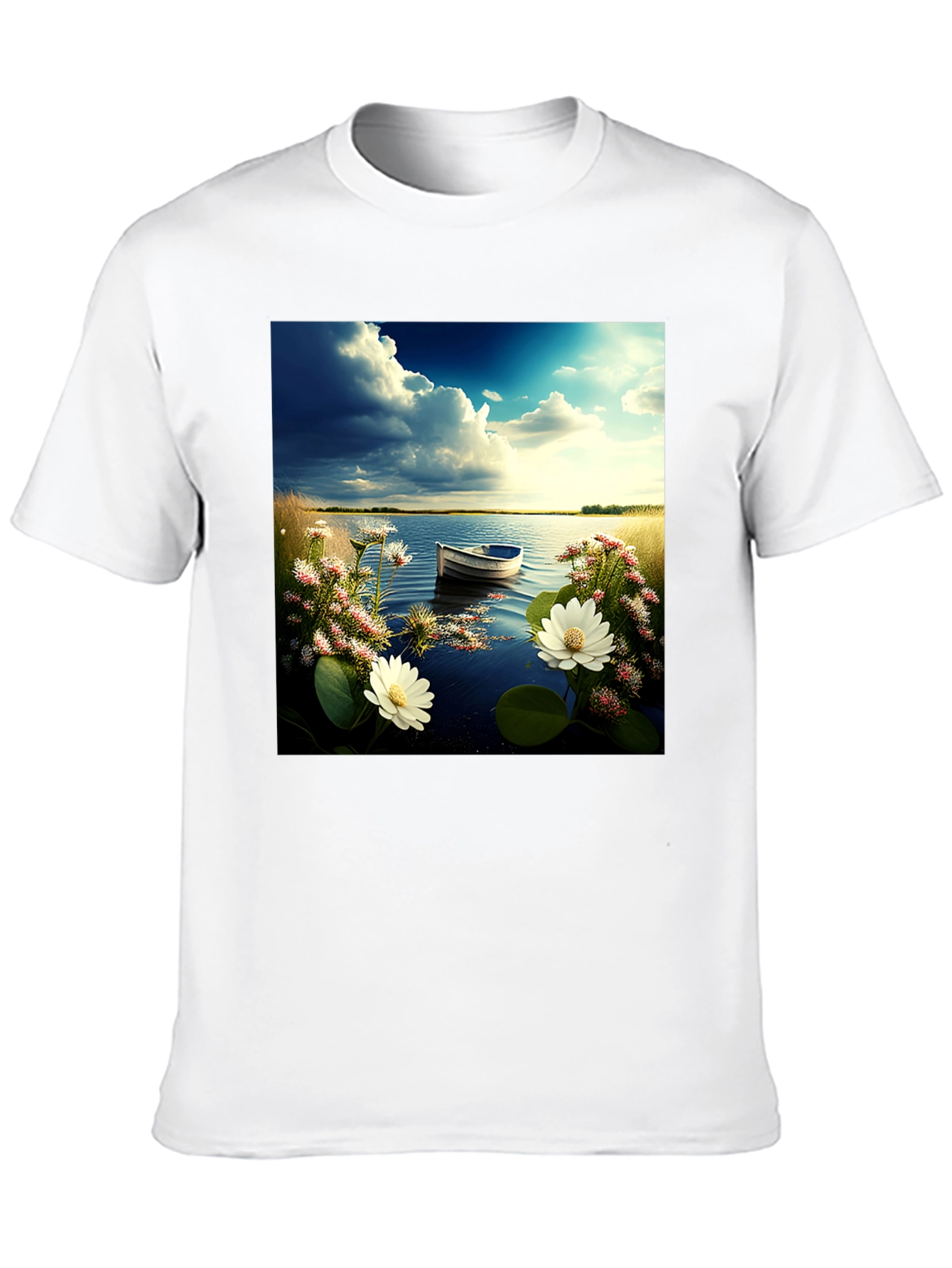 Natures Calm Tee: Lakeside Boat & Floral Design