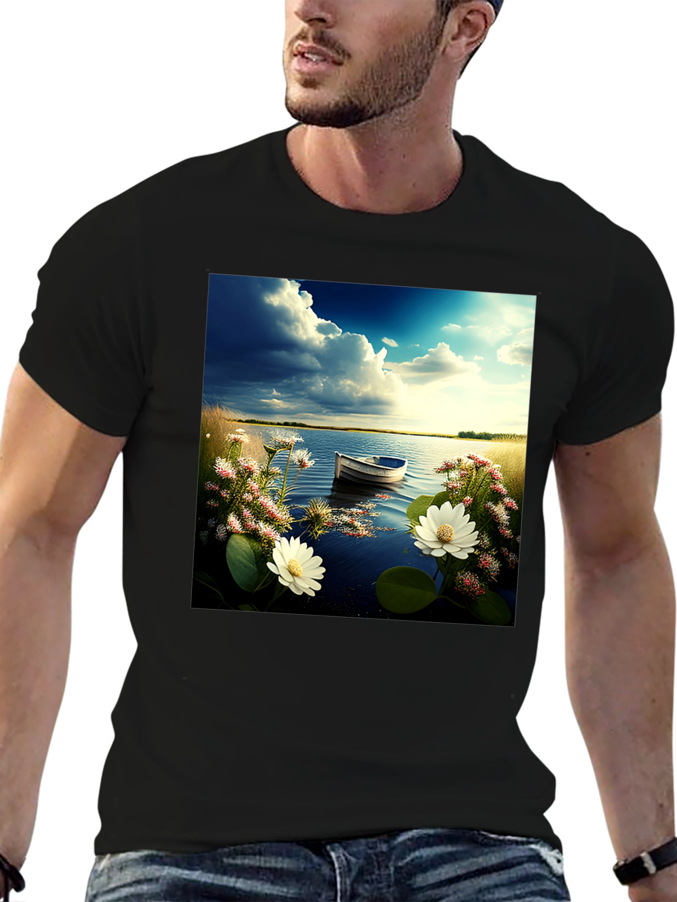 Natures Calm Tee: Lakeside Boat & Floral Design