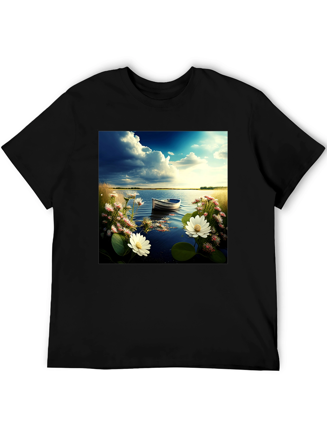 Natures Calm Tee: Lakeside Boat & Floral Design