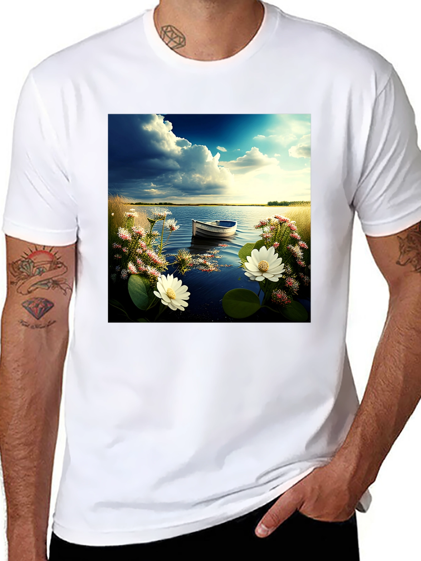 Natures Calm Tee: Lakeside Boat & Floral Design