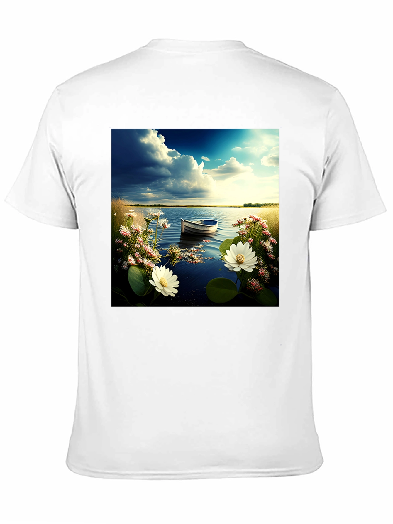 Natures Calm Tee: Lakeside Boat & Floral Design