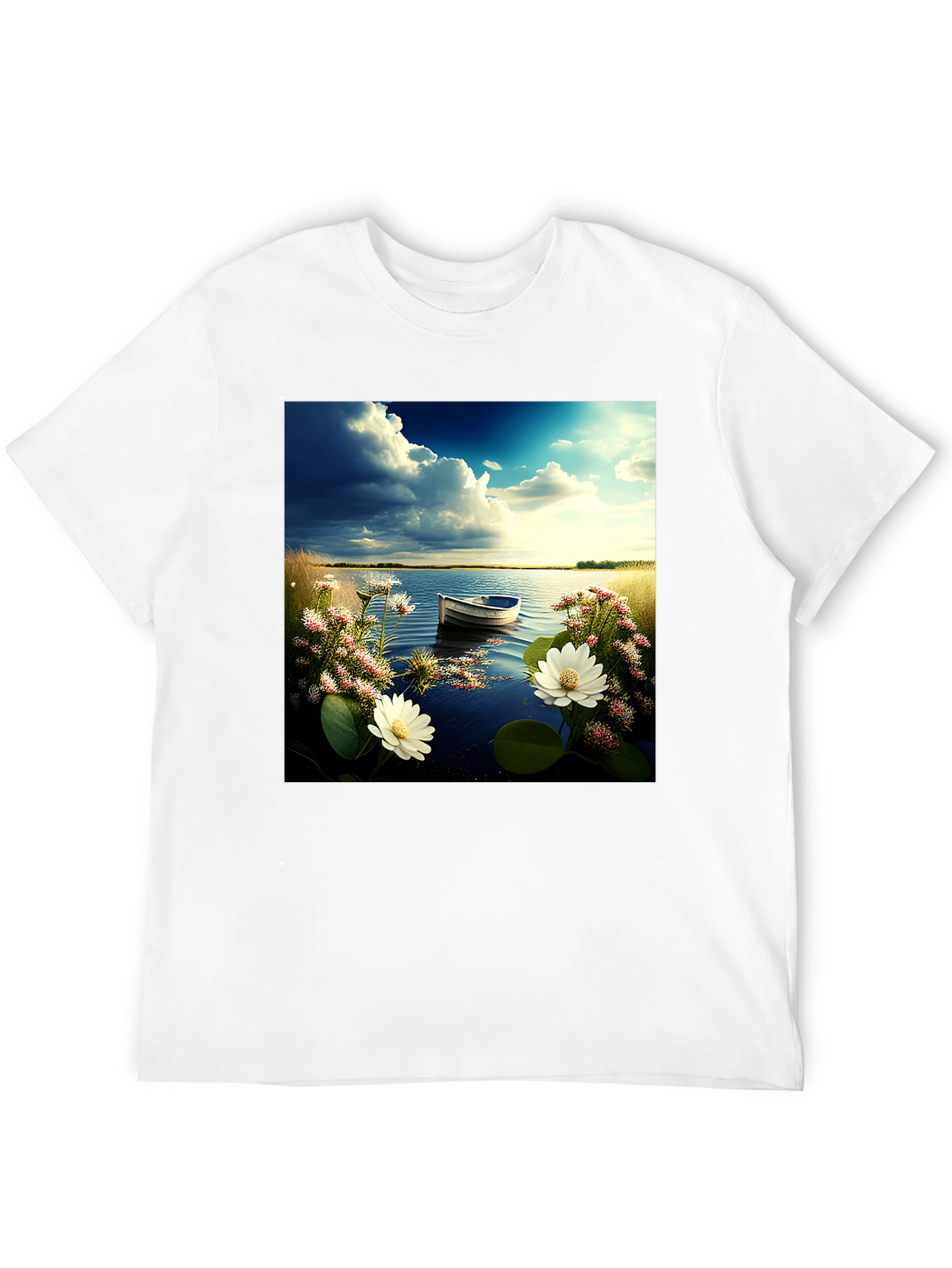 Natures Calm Tee: Lakeside Boat & Floral Design