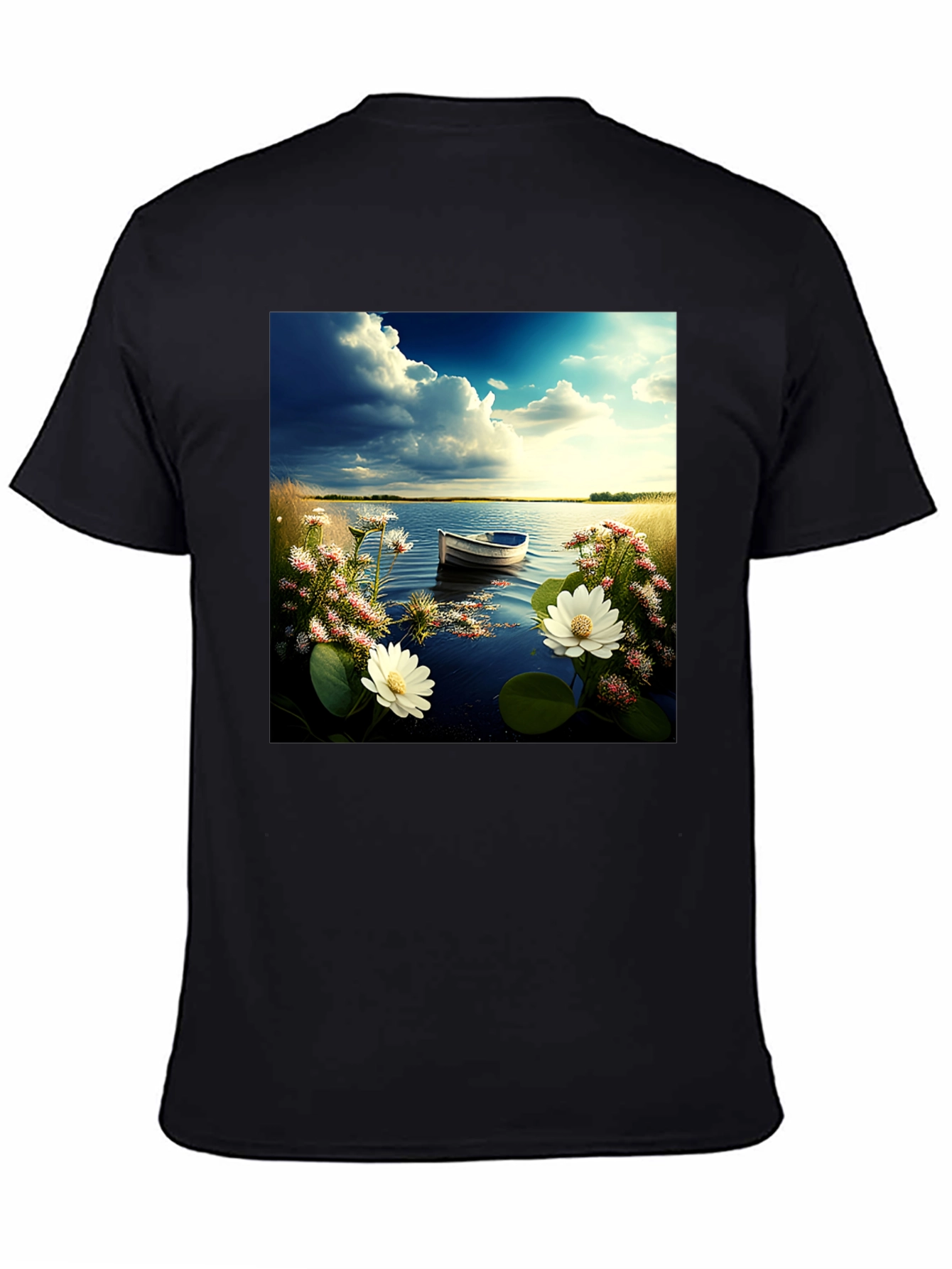 Natures Calm Tee: Lakeside Boat & Floral Design