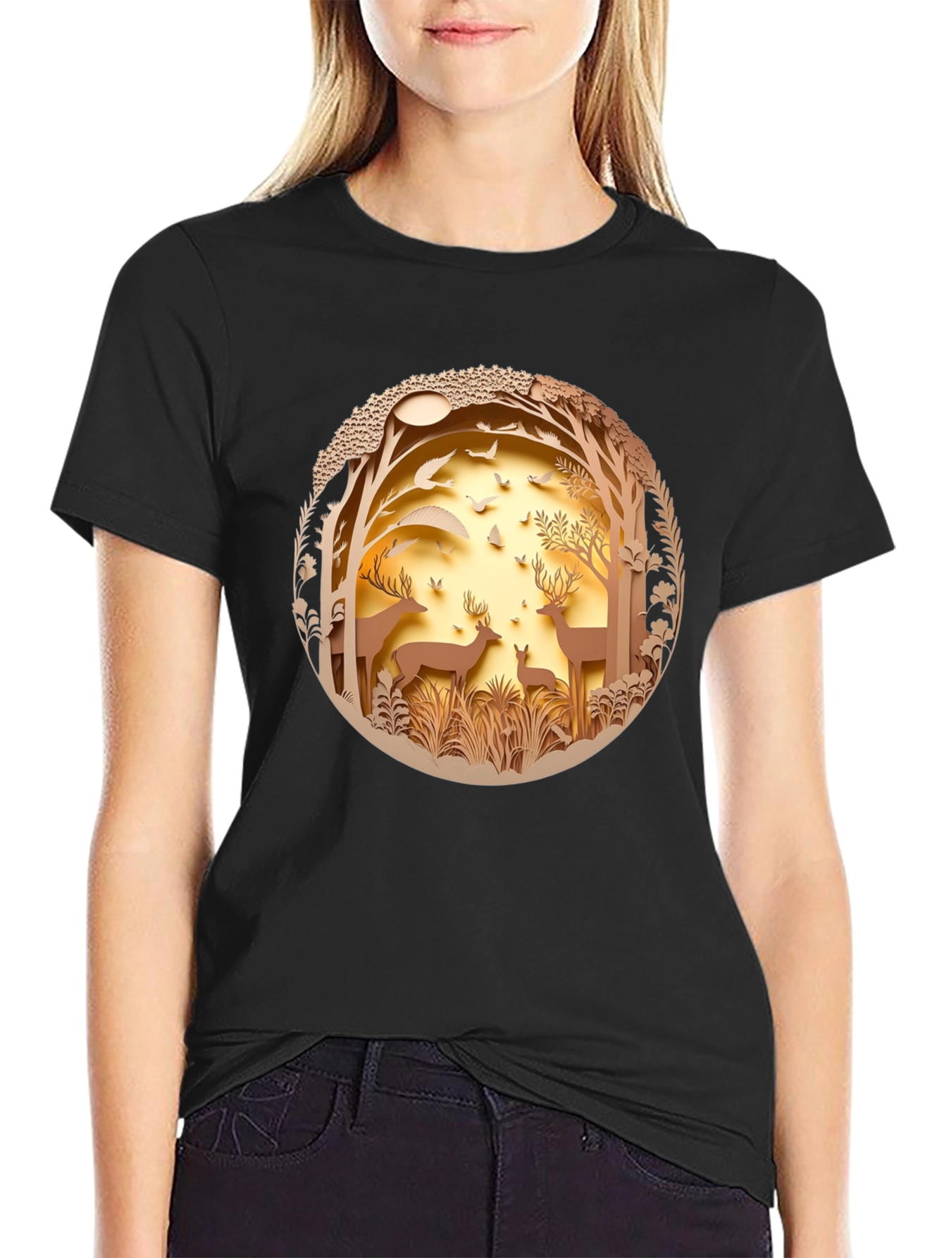 Nature Deer Graphic Black T-Shirt